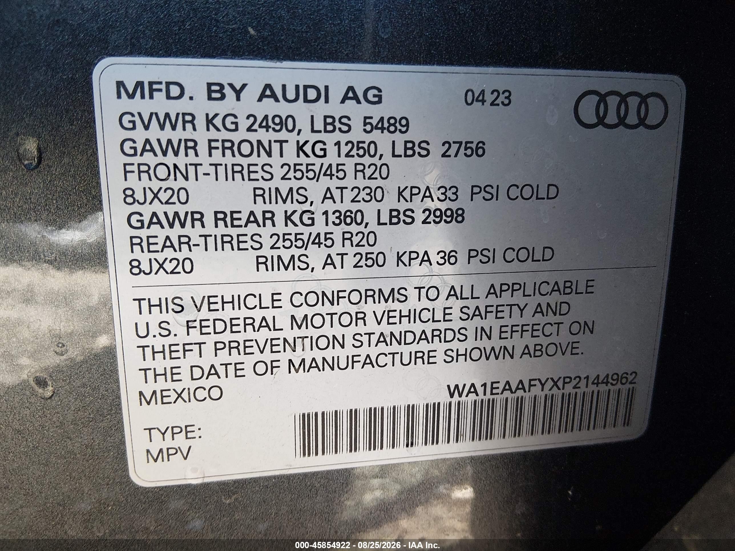 2023 Audi Q5 VIN WA1EAAFYXP2144962 IAAI salvage auction — Front End, Salvage (Ohio), sold $20,600 on 2026-09-12 (photo 9)