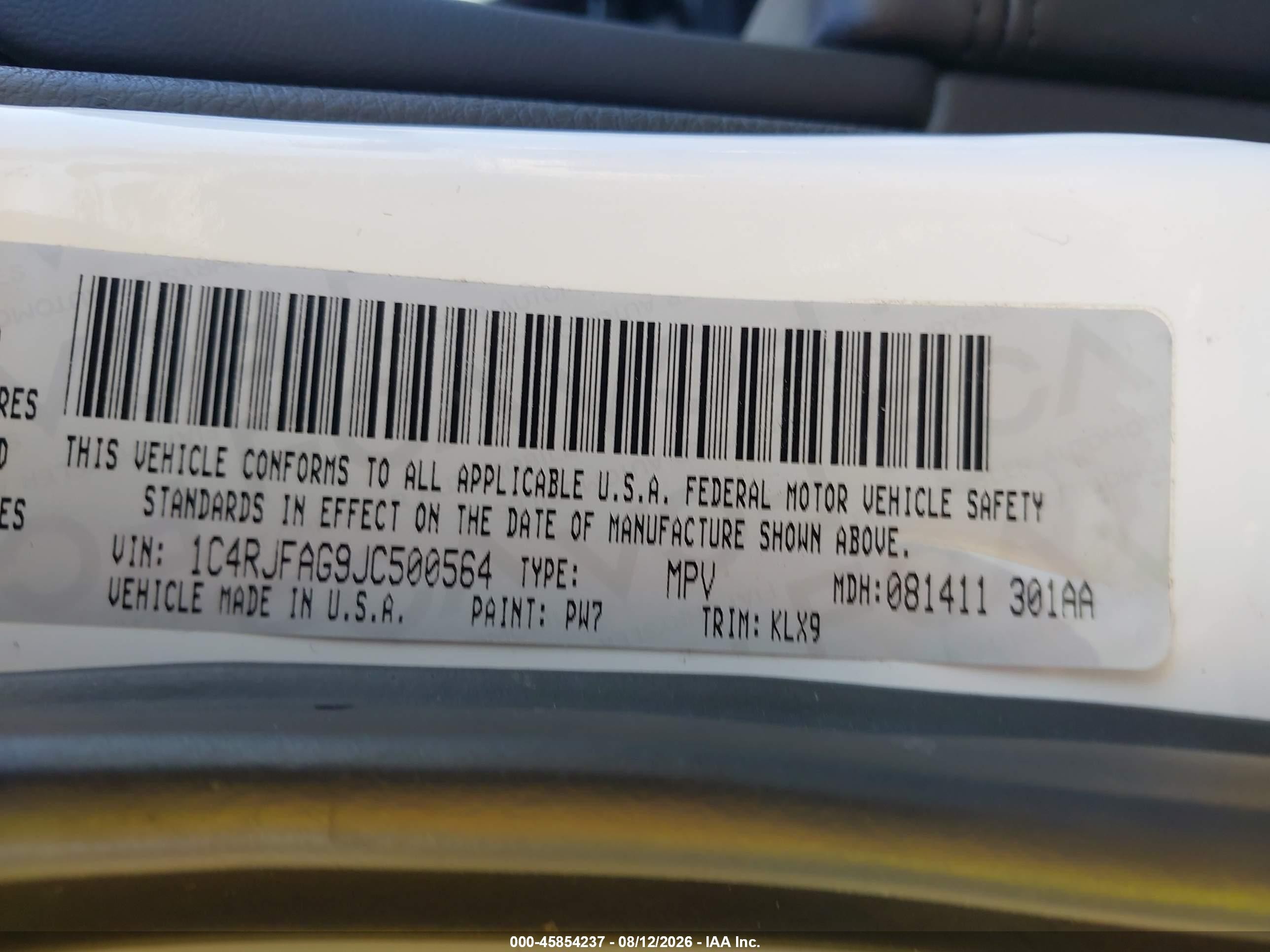 2018 Jeep Grand cherokee VIN 1C4RJFAG9JC500564 IAAI salvage auction — Hail, Original (Texas), sold $8,450 on 2026-09-18 (photo 9)