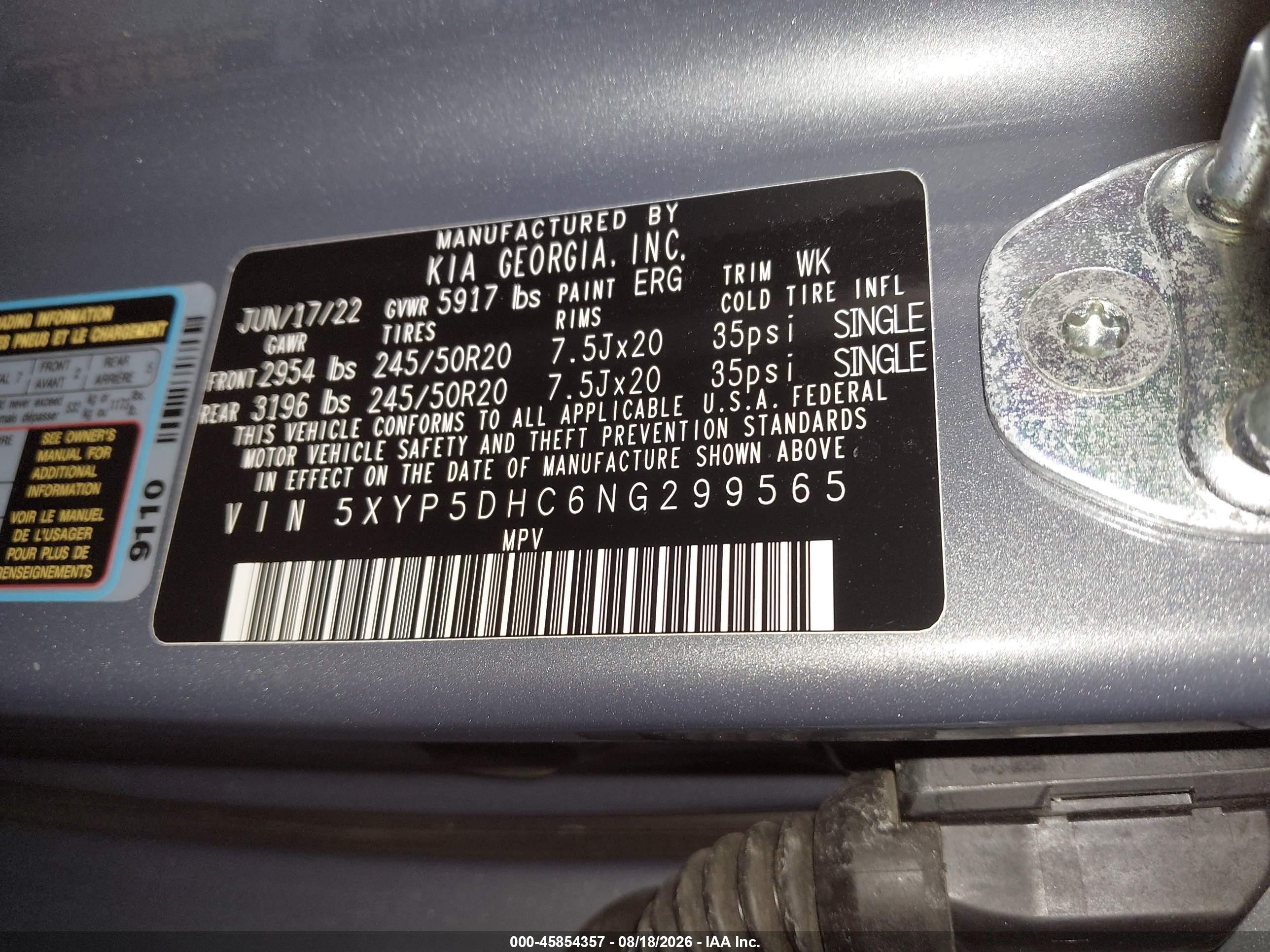 2022 Kia Telluride VIN 5XYP5DHC6NG299565 IAAI salvage auction — Hail, Salvage (Pennsylvania), sold $13,100 on 2026-08-22 (photo 9)