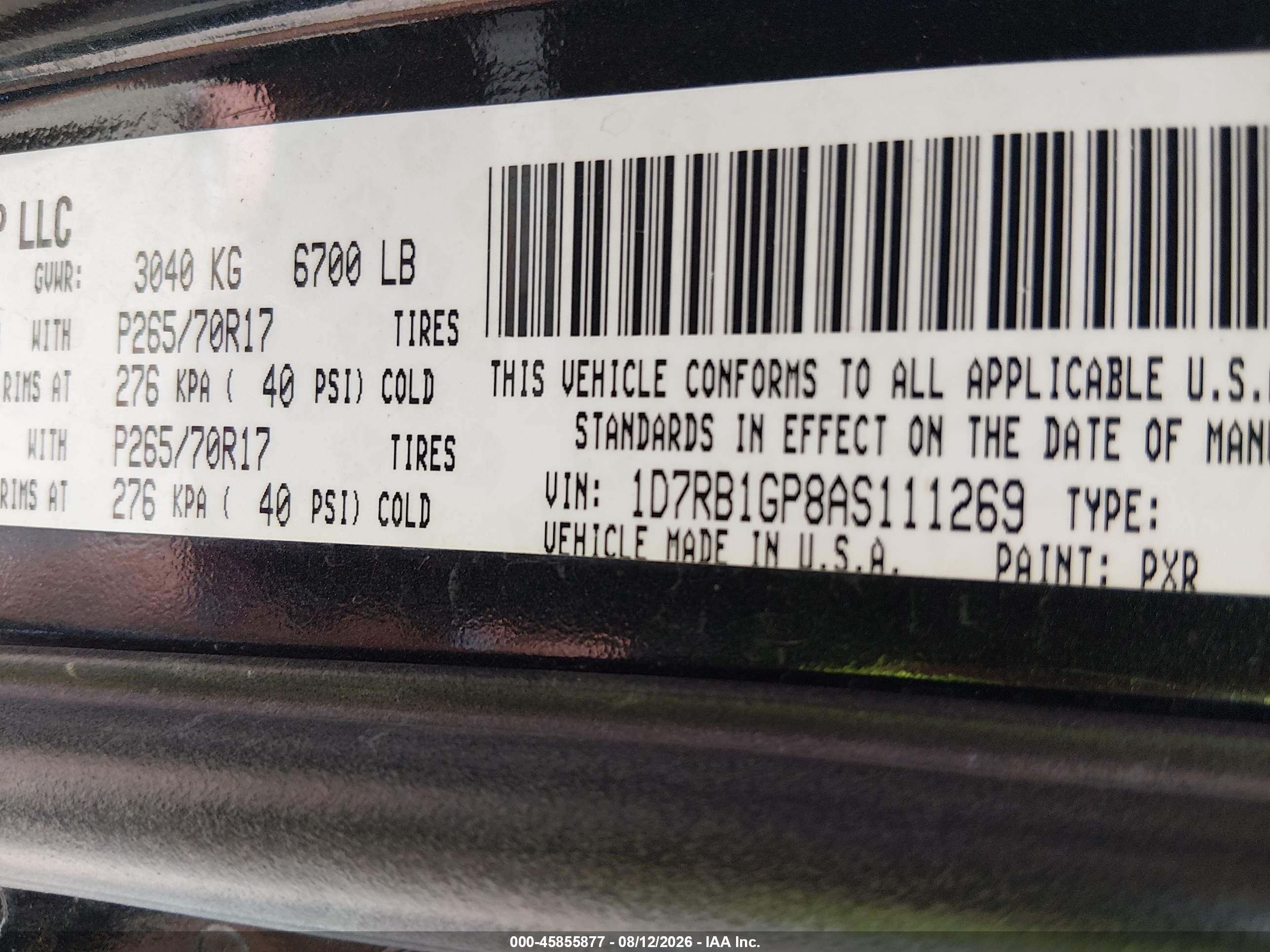2010 Dodge Ram 1500 VIN 1D7RB1GP8AS111269 IAAI salvage auction — Hail, Salvage (Kansas), sold $975 on 2026-09-04 (photo 9)