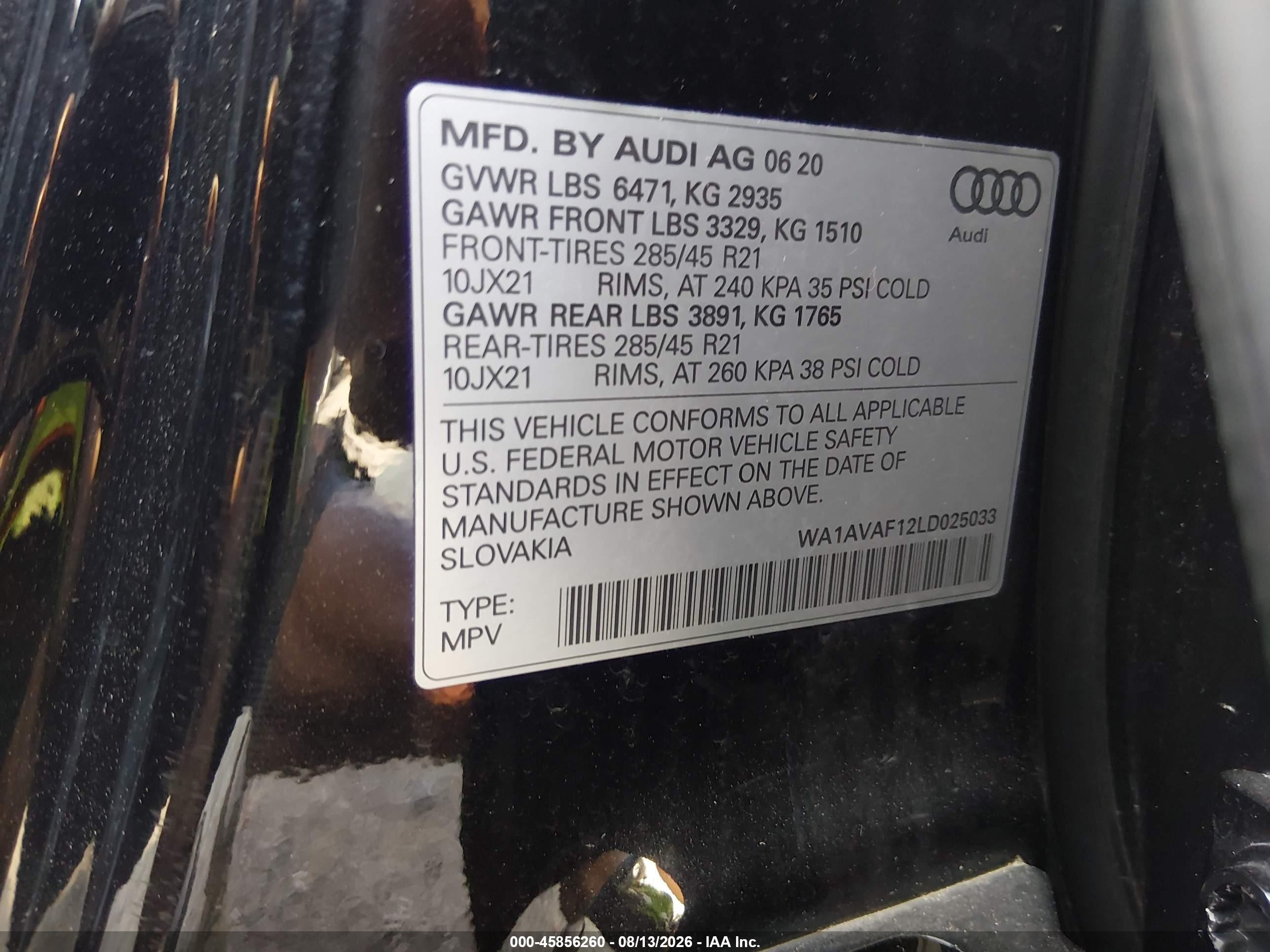 2020 Audi Q8 VIN WA1AVAF12LD025033 IAAI salvage auction — Unknown, Salvage (Pennsylvania), sold $13,900 on 2026-09-23 (photo 9)