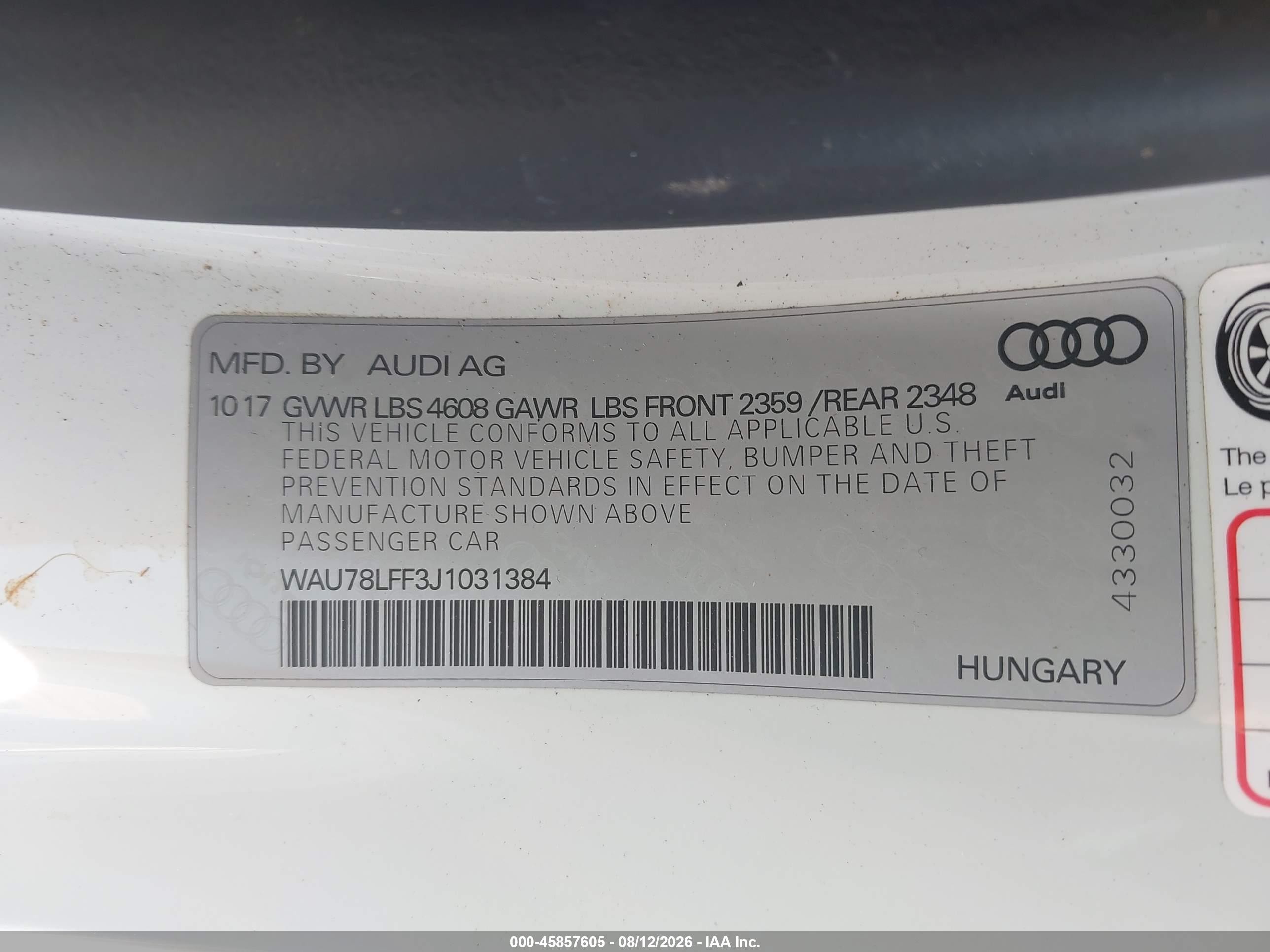 2018 Audi A3 VIN WAU78LFF3J1031384 IAAI salvage auction — Rear End, Salvage (Virginia), sold $4,200 on 2026-09-08 (photo 9)