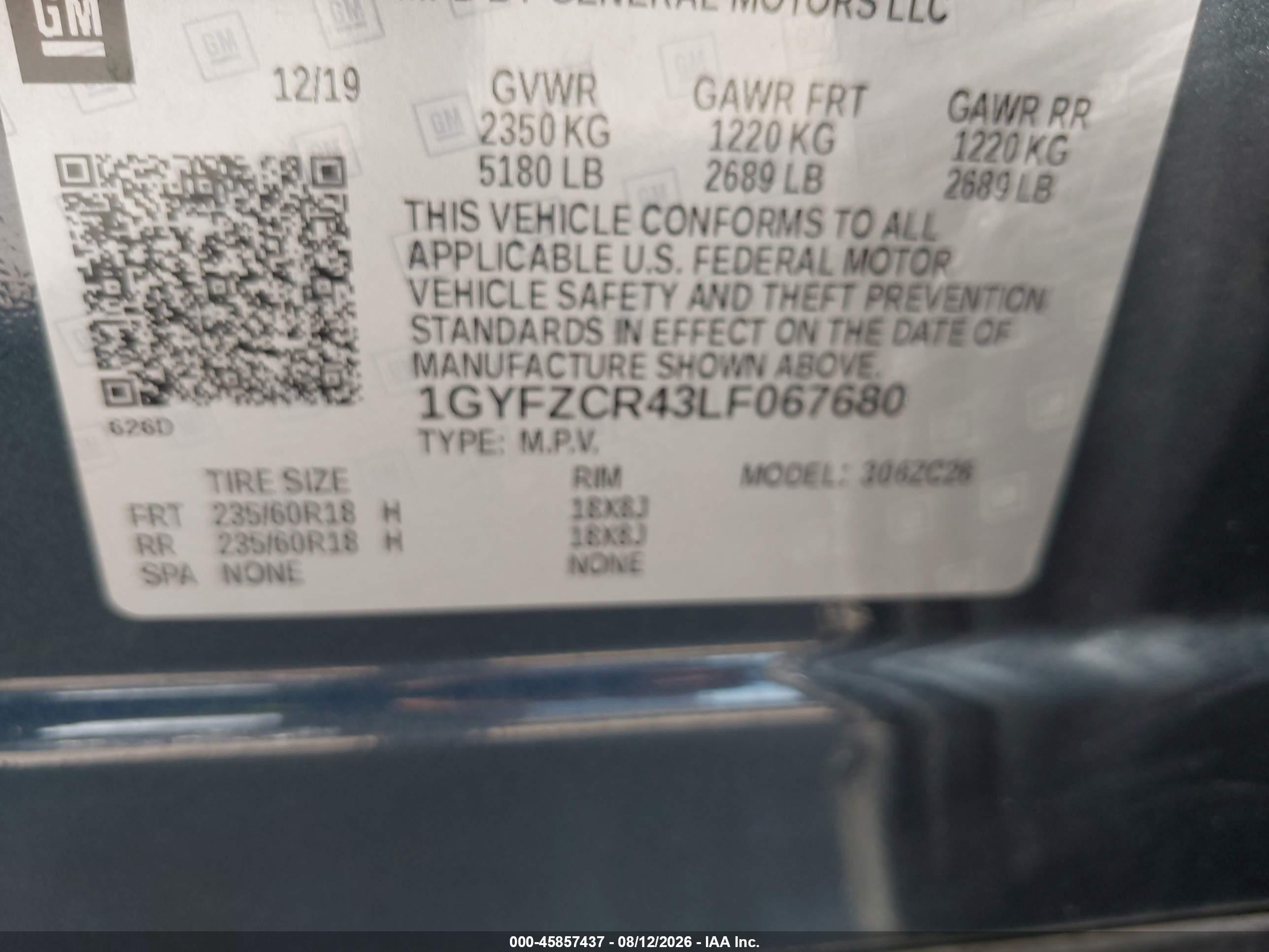 2020 Cadillac XT4 VIN 1GYFZCR43LF067680 IAAI salvage auction — Front End, Salvage (Oklahoma), sold $4,350 on 2026-09-24 (photo 9)