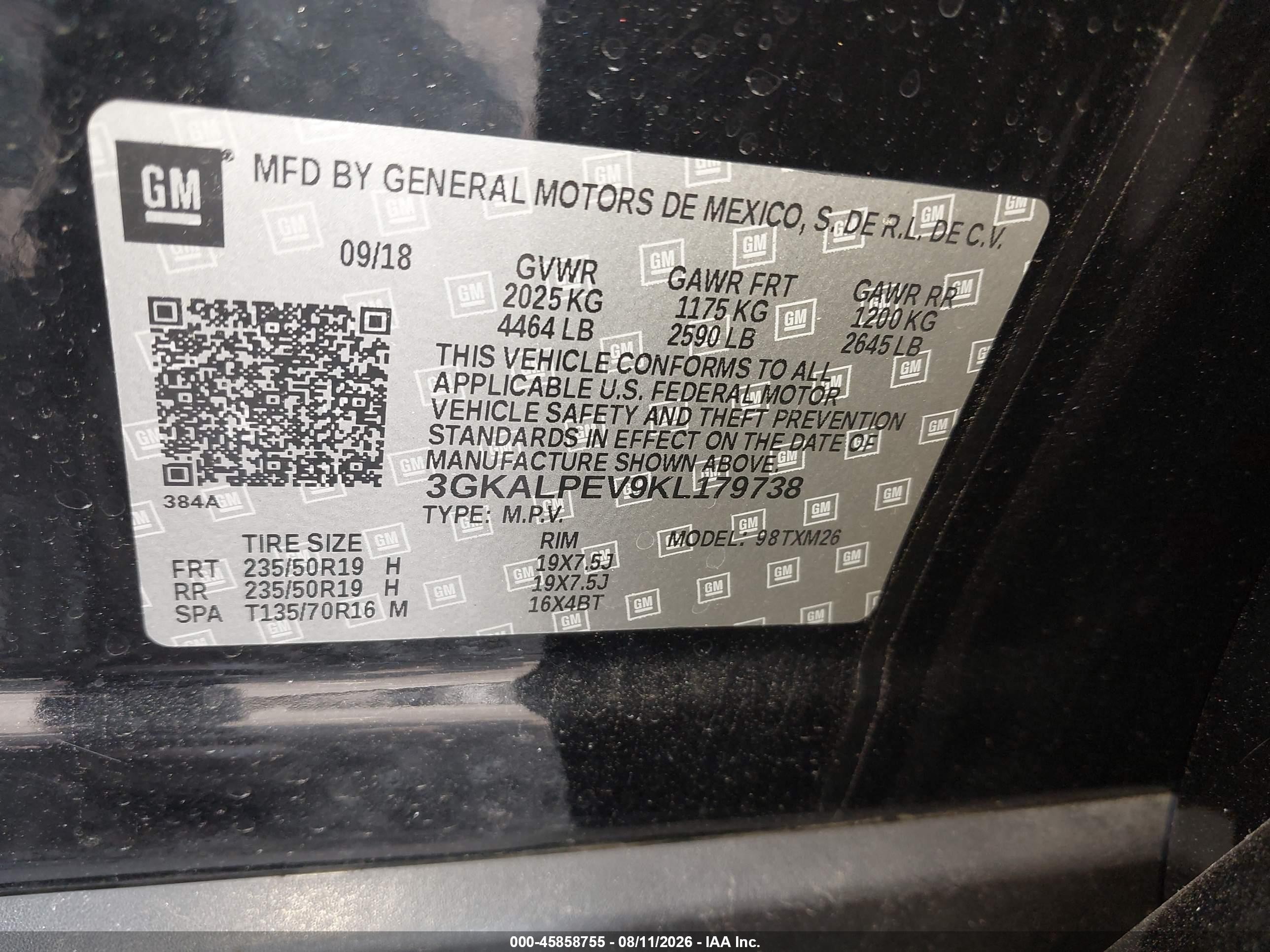 2019 Gmc Terrain VIN 3GKALPEV9KL179738 IAAI salvage auction — Front End, Salvage (New Jersey), sold $4,300 on 2026-09-11 (photo 9)