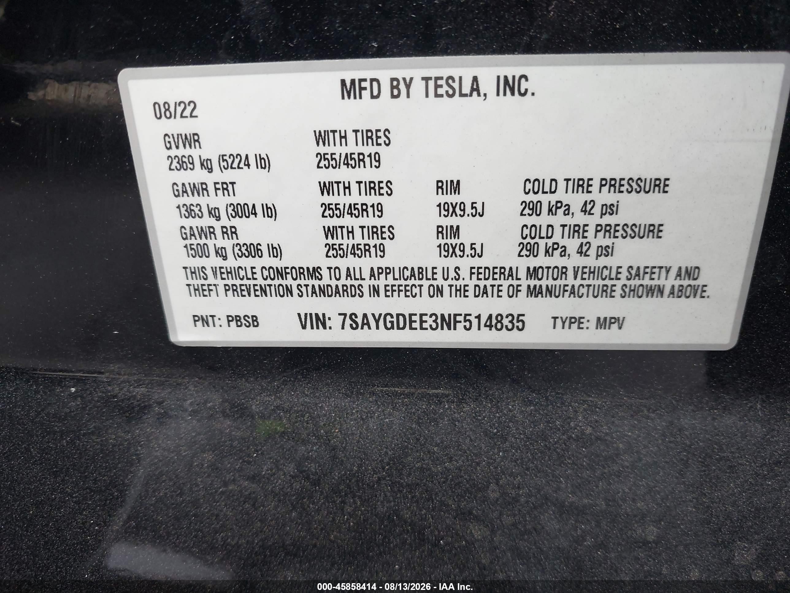 2022 Tesla Model y VIN 7SAYGDEE3NF514835 IAAI salvage auction — Front End, Salvage Certificate (California), sold $9,200 on 2026-09-12 (photo 9)