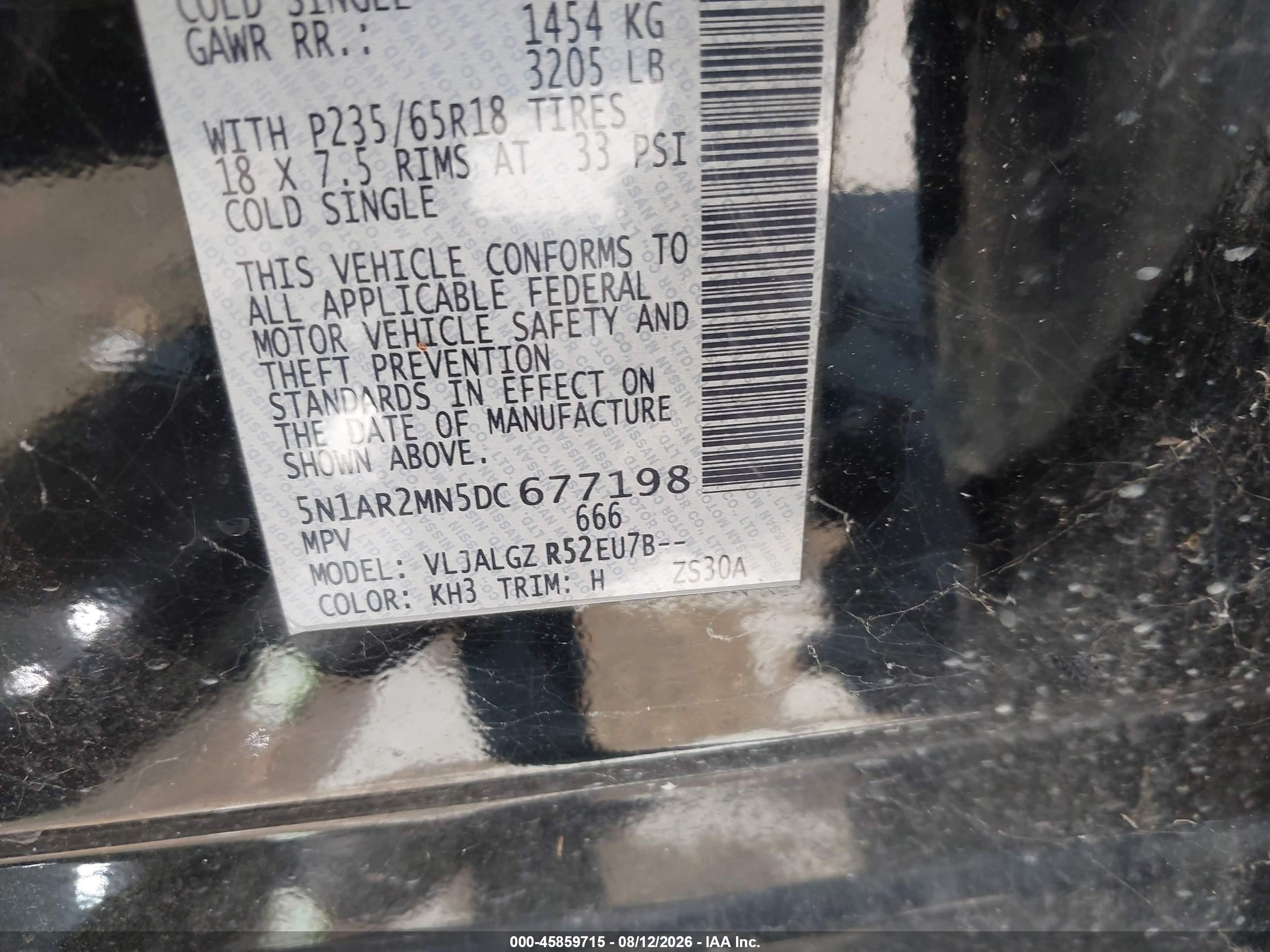 2013 Nissan Pathfinder VIN 5N1AR2MN5DC677198 IAAI salvage auction — Normal Wear, Original (Texas), sold $875 on 2026-09-08 (photo 9)