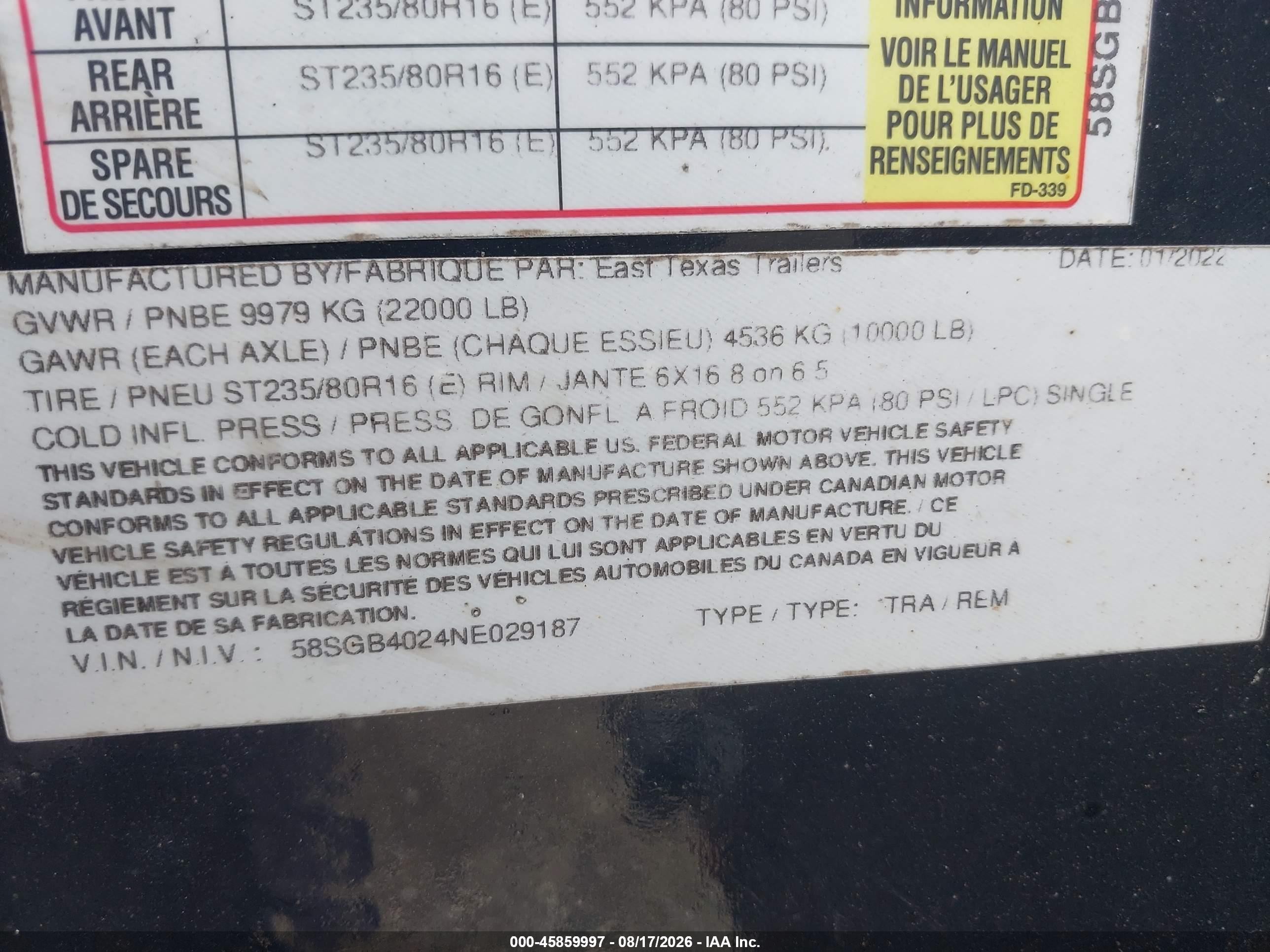 2022 East Texas 40' Flatbed Gooseneck VIN 58SGB4024NE029187 IAAI salvage auction — Side, Salvage (Indiana), sold $1,550 on 2026-09-09 (photo 9)