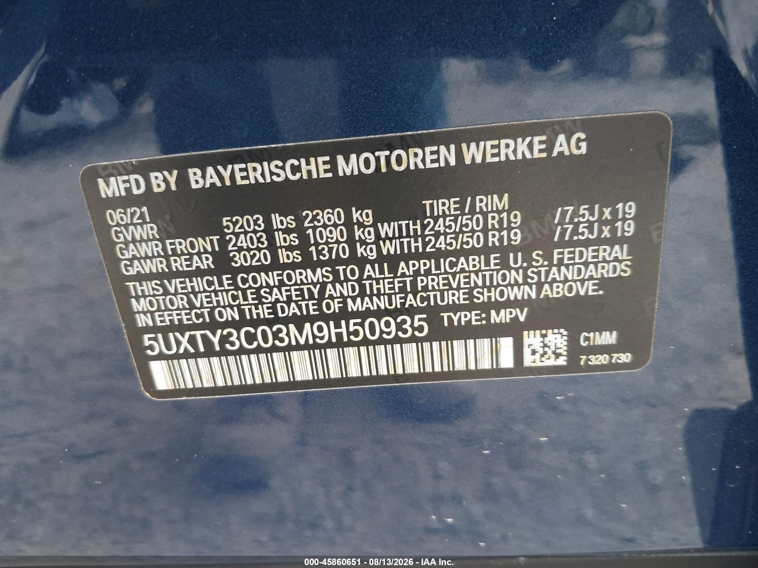 2021 BMW X3 VIN 5UXTY3C03M9H50935 IAAI salvage auction — Storm Damage, Rebuildable (Florida), sold $8,000 on 2026-09-04 (photo 9)