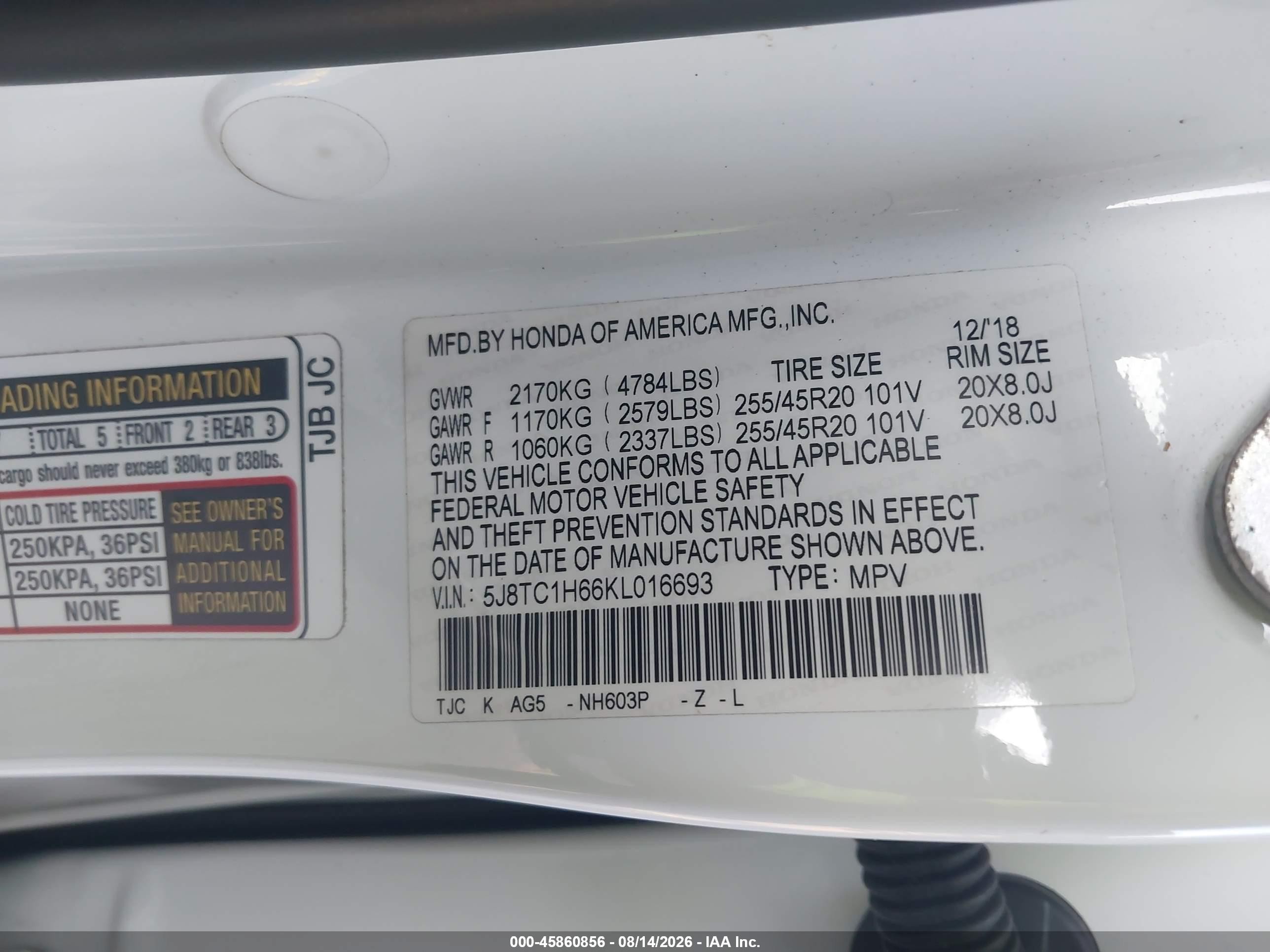 2019 Acura Rdx VIN 5J8TC1H66KL016693 IAAI salvage auction — Unknown, Rebuildable (Florida), sold $4,000 on 2026-09-25 (photo 9)