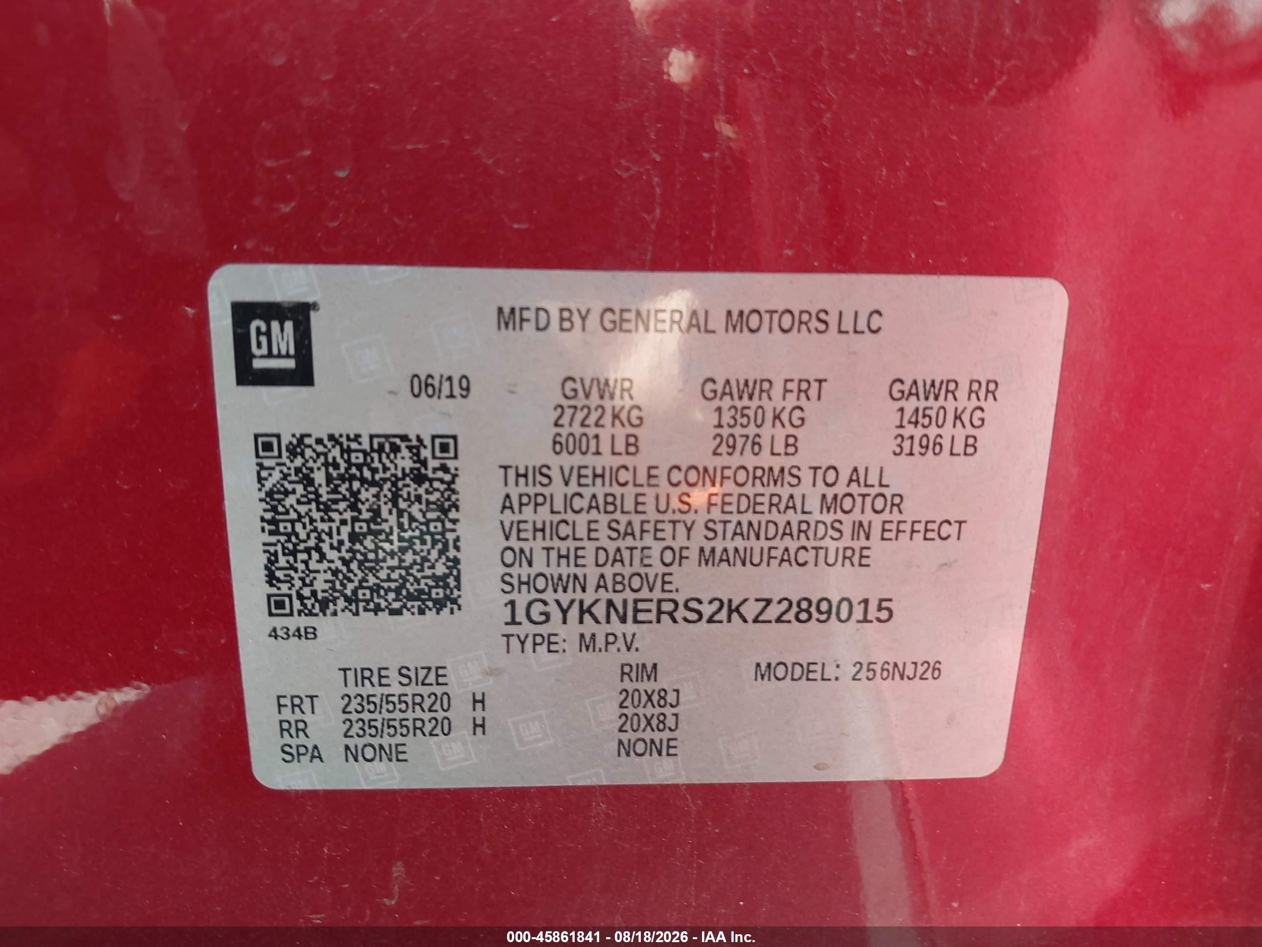2019 Cadillac Xt5 VIN 1GYKNERS2KZ289015 IAAI salvage auction — Unknown, Original (Texas), sold $7,100 on 2026-09-19 (photo 9)