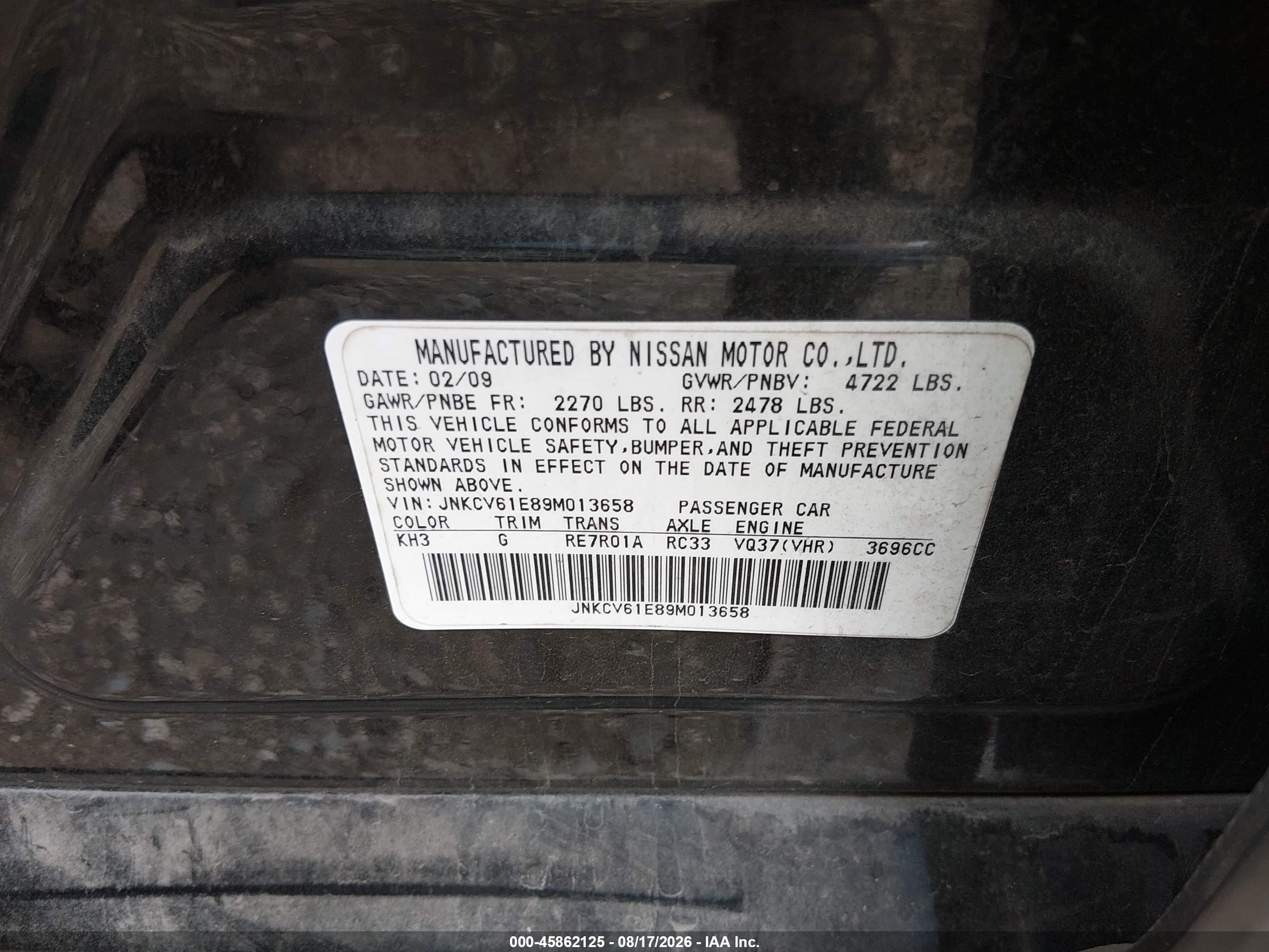 2009 Infiniti G37 VIN JNKCV61E89M013658 IAAI salvage auction — Normal Wear, Clear (Arkansas), sold $325 on 2026-09-03 (photo 9)