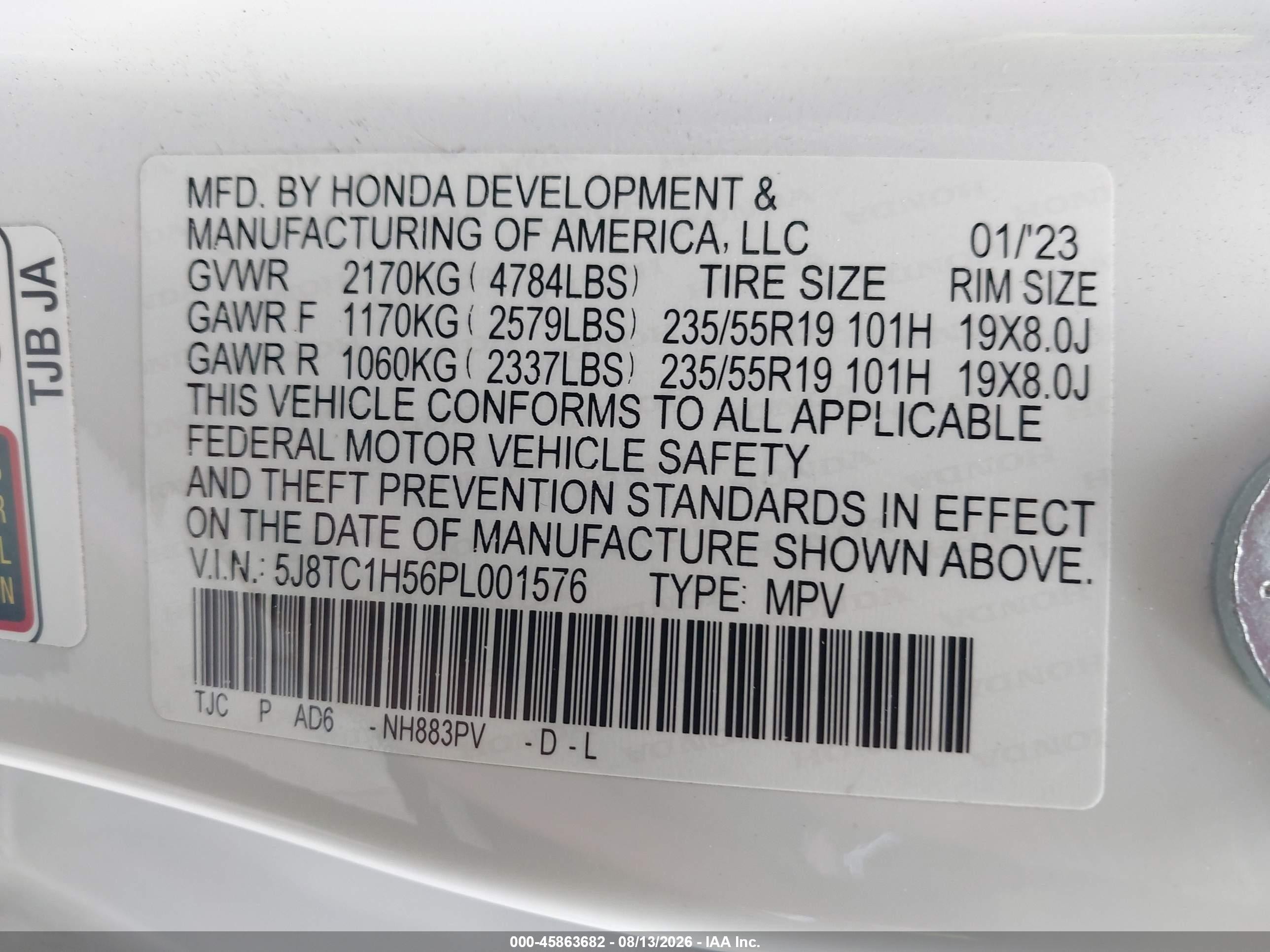 2023 Acura RDX VIN 5J8TC1H56PL001576 IAAI salvage auction — Rear End, Salvage Certificate (California), sold $11,800 on 2026-09-19 (photo 9)