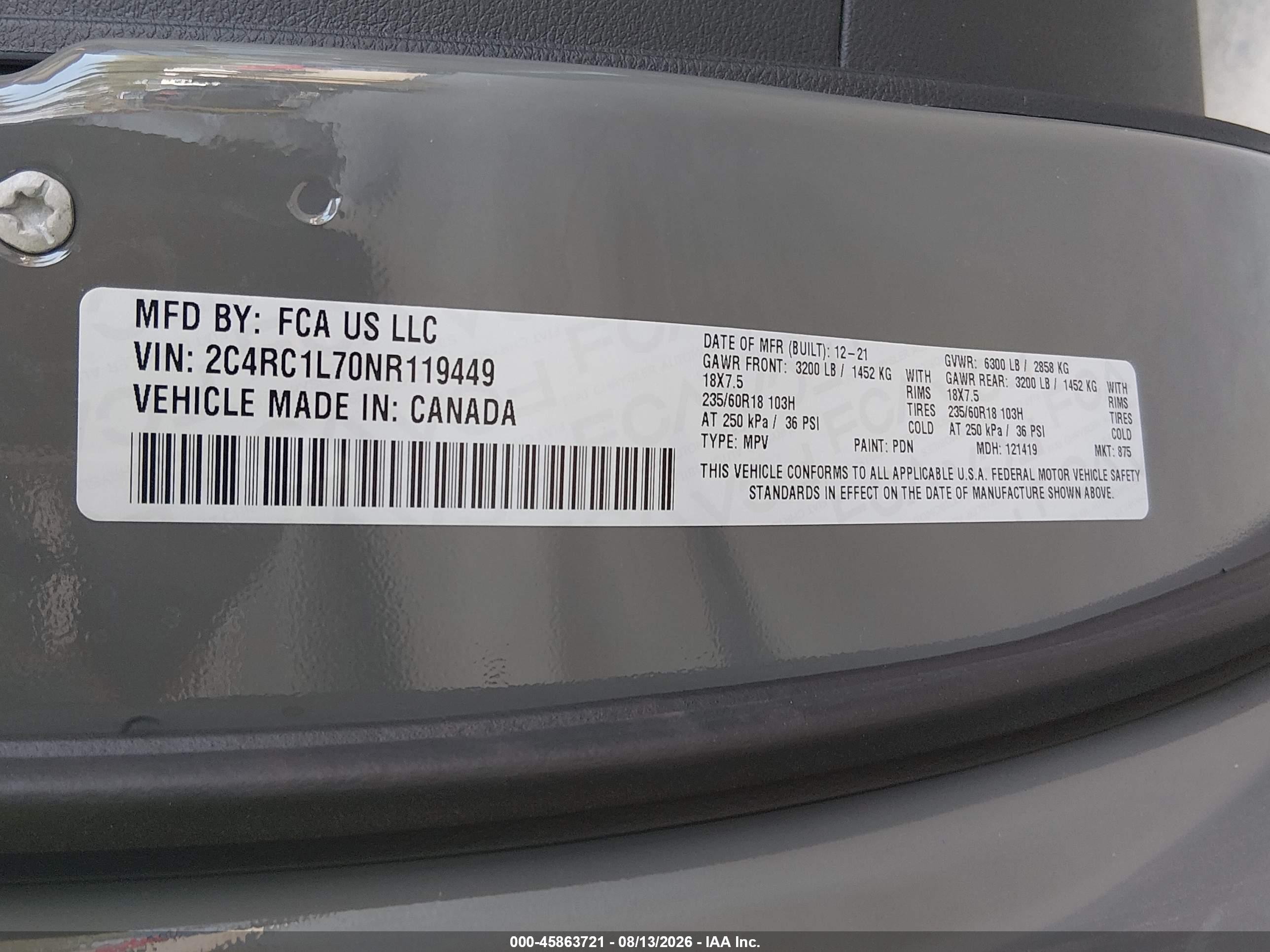 2022 Chrysler Pacifica VIN 2C4RC1L70NR119449 IAAI salvage auction — Front End, Bill Of Sale (Washington), sold $9,100 on 2026-09-13 (photo 9)