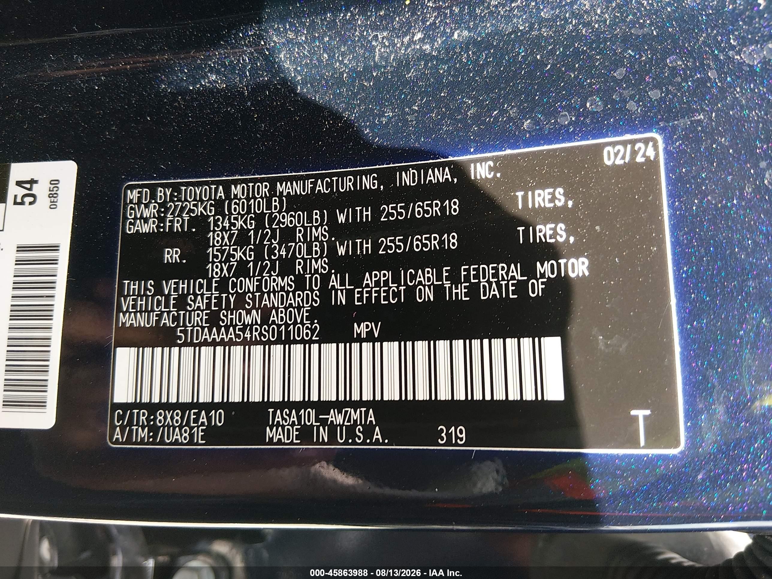 2024 Toyota Highlander VIN 5TDAAAA54RS011062 IAAI salvage auction — Front End, Salvage (Louisiana), sold $19,500 on 2026-09-05 (photo 9)