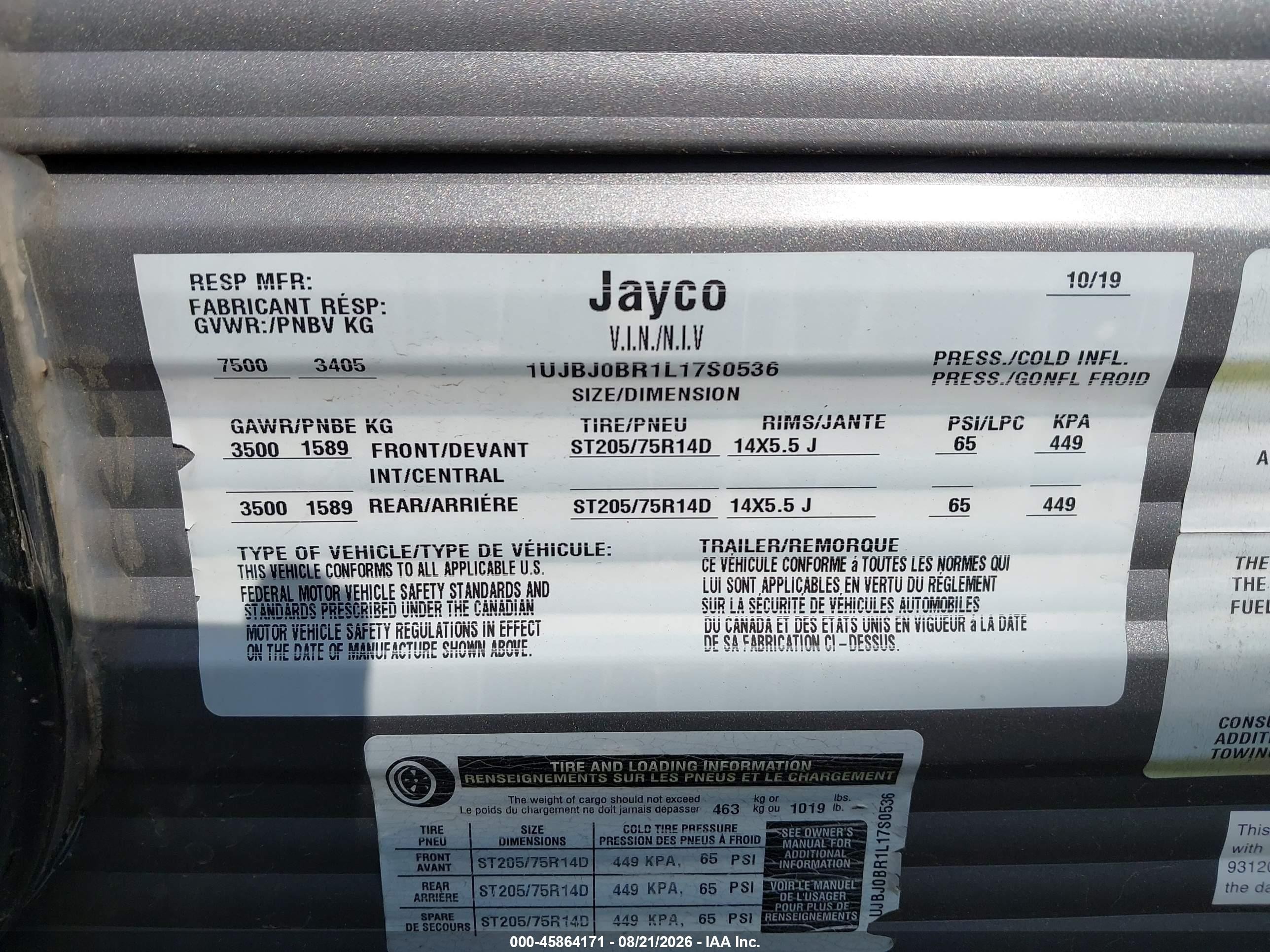 2020 Jayco Jay Flight VIN 1UJBJ0BR1L17S0536 IAAI salvage auction — Hail, Salvage (Pennsylvania), sold $3,850 on 2026-09-24 (photo 9)