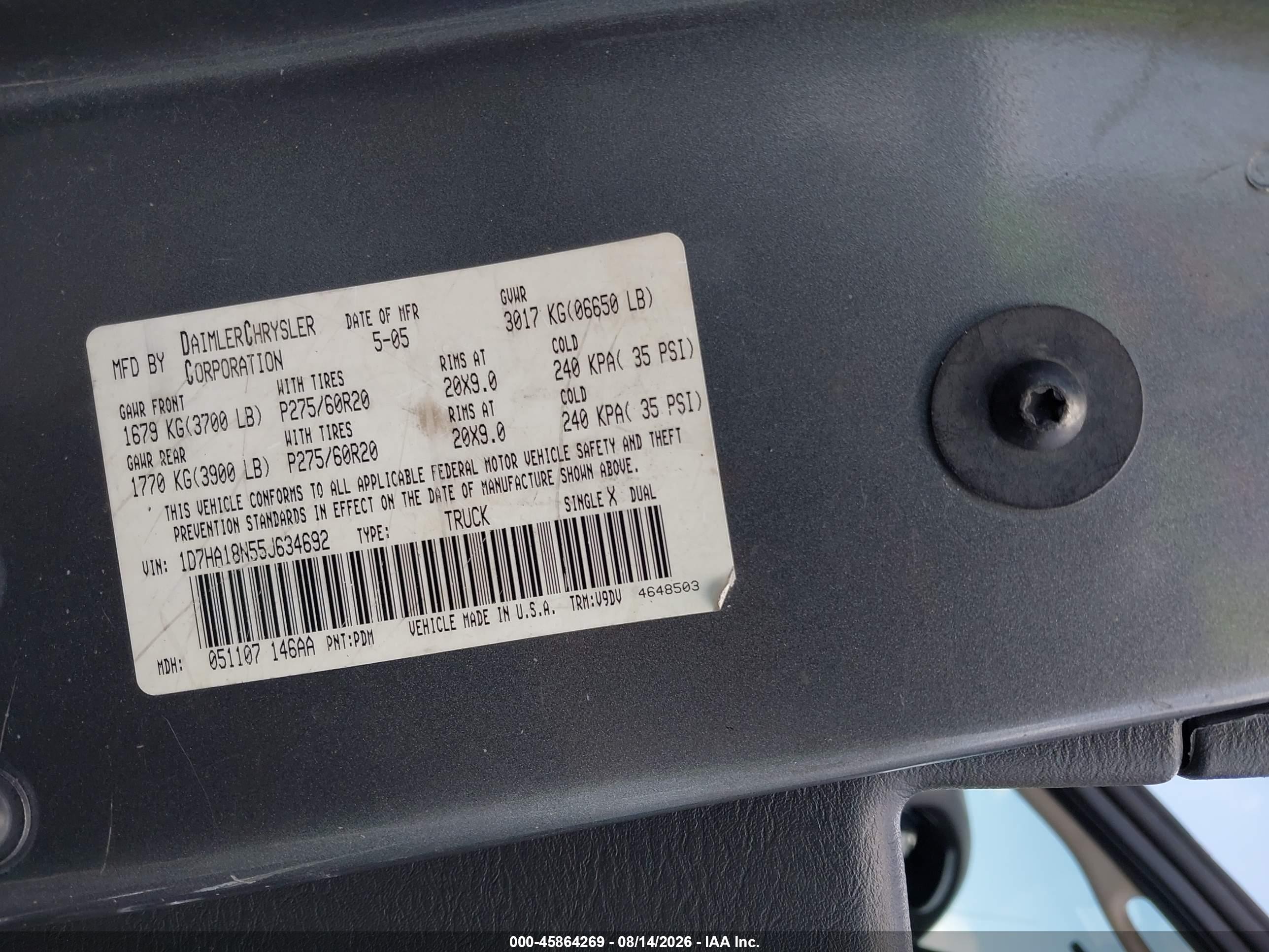 2005 Dodge Ram 1500 VIN 1D7HA18N55J634692 IAAI salvage auction — Front End, Rebuildable (Florida), sold $550 on 2026-09-10 (photo 9)