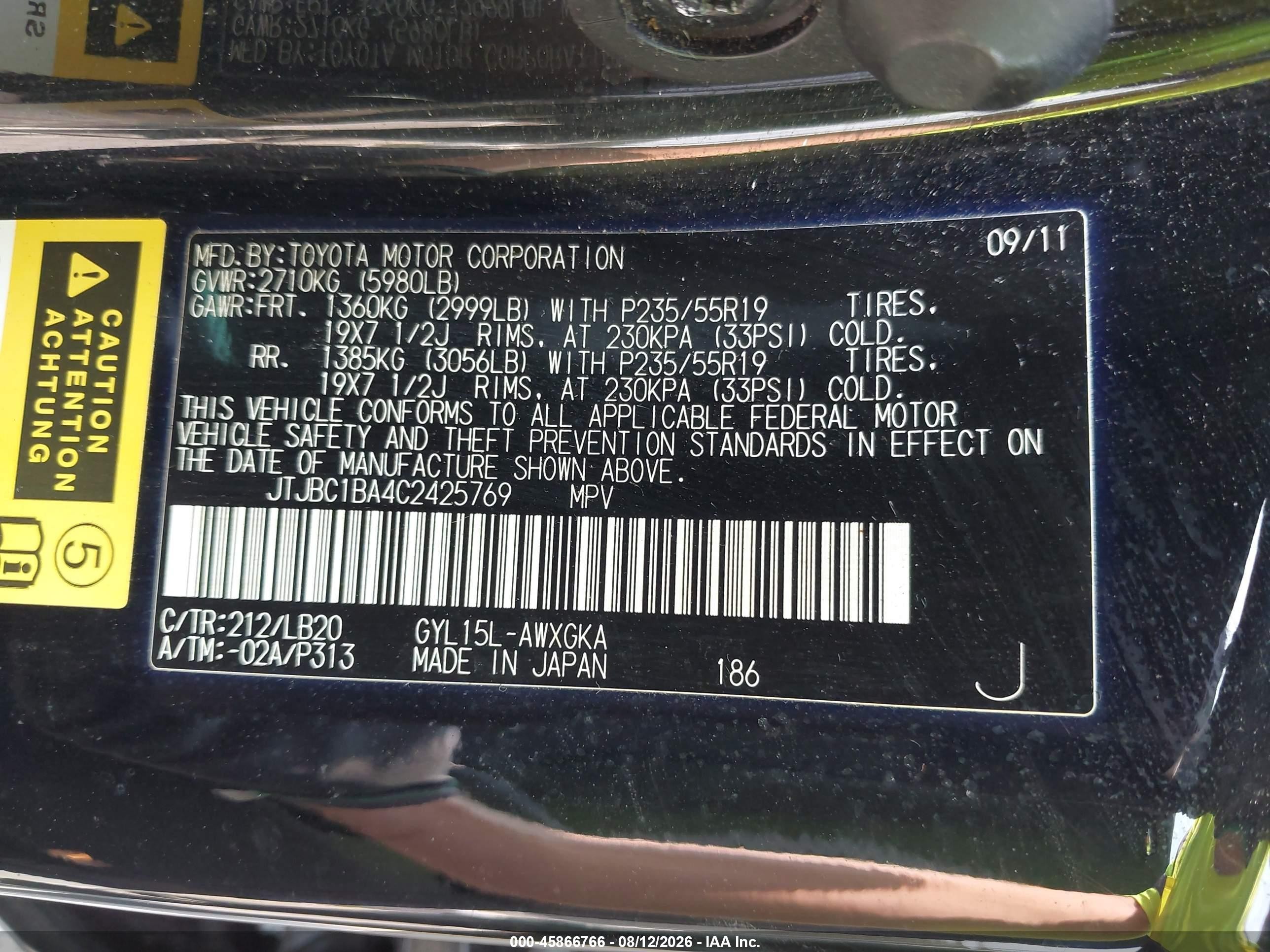 2012 Lexus Rx VIN JTJBC1BA4C2425769 IAAI salvage auction — Unknown, Salvage (New Jersey), sold $3,400 on 2026-09-19 (photo 9)