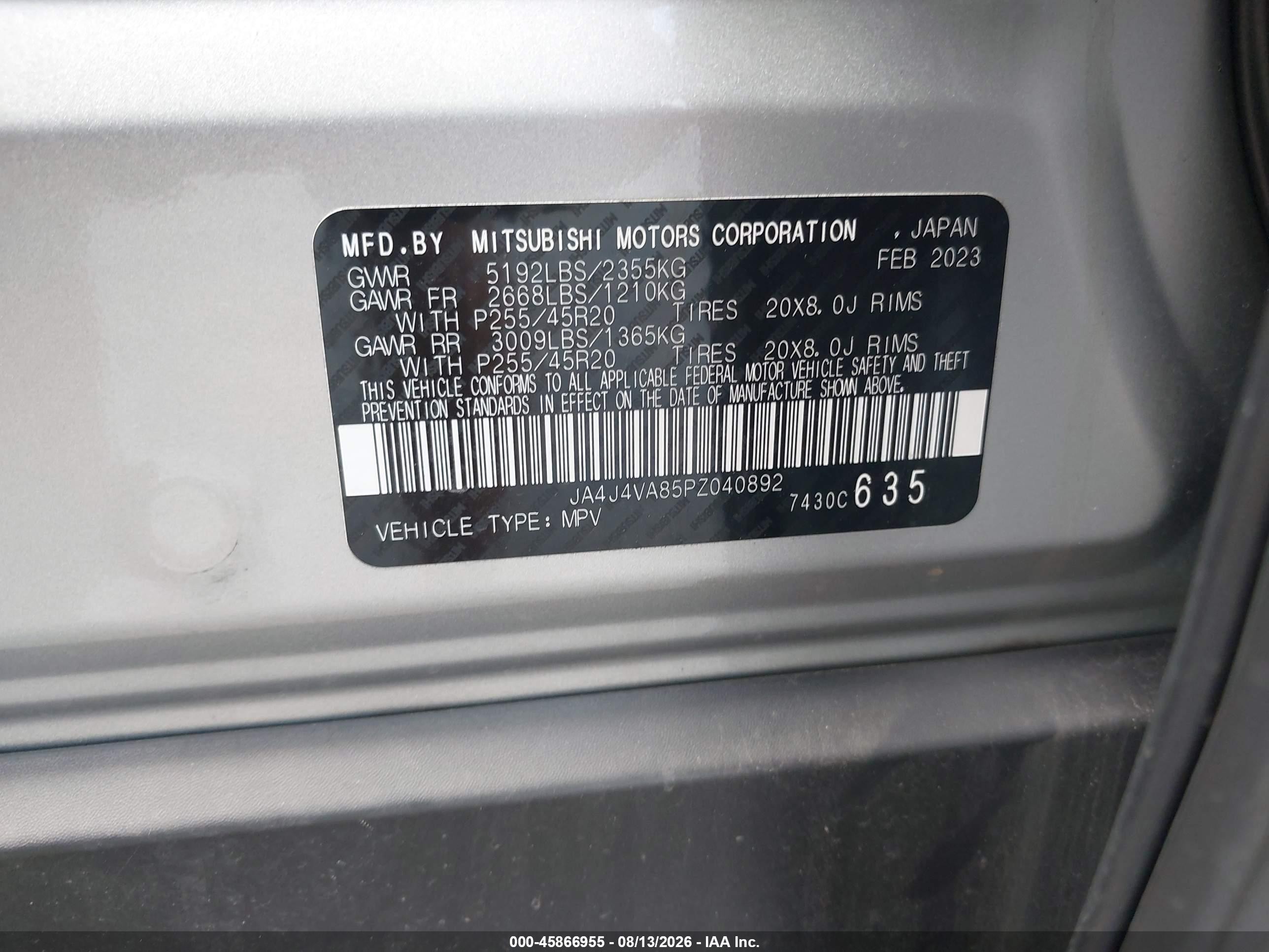 2023 Mitsubishi Outlander VIN JA4J4VA85PZ040892 IAAI salvage auction — Front End, Wait Title, sold $5,700 on 2026-09-20 (photo 9)