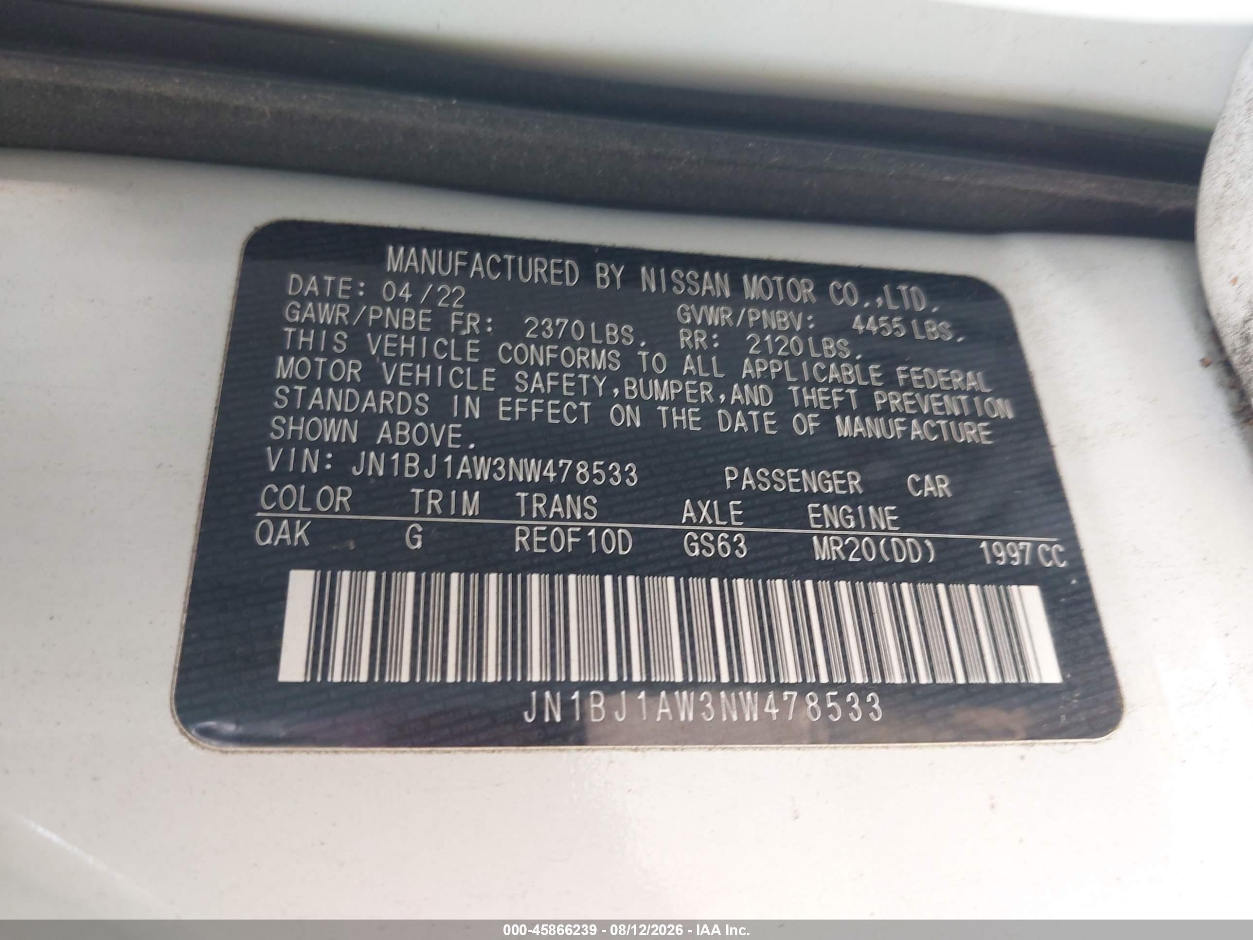 2022 Nissan Rogue VIN JN1BJ1AW3NW478533 IAAI salvage auction — Front End, Salvage - Greater Than 75% (Maryland), sold $2,250 on 2026-09-09 (photo 9)