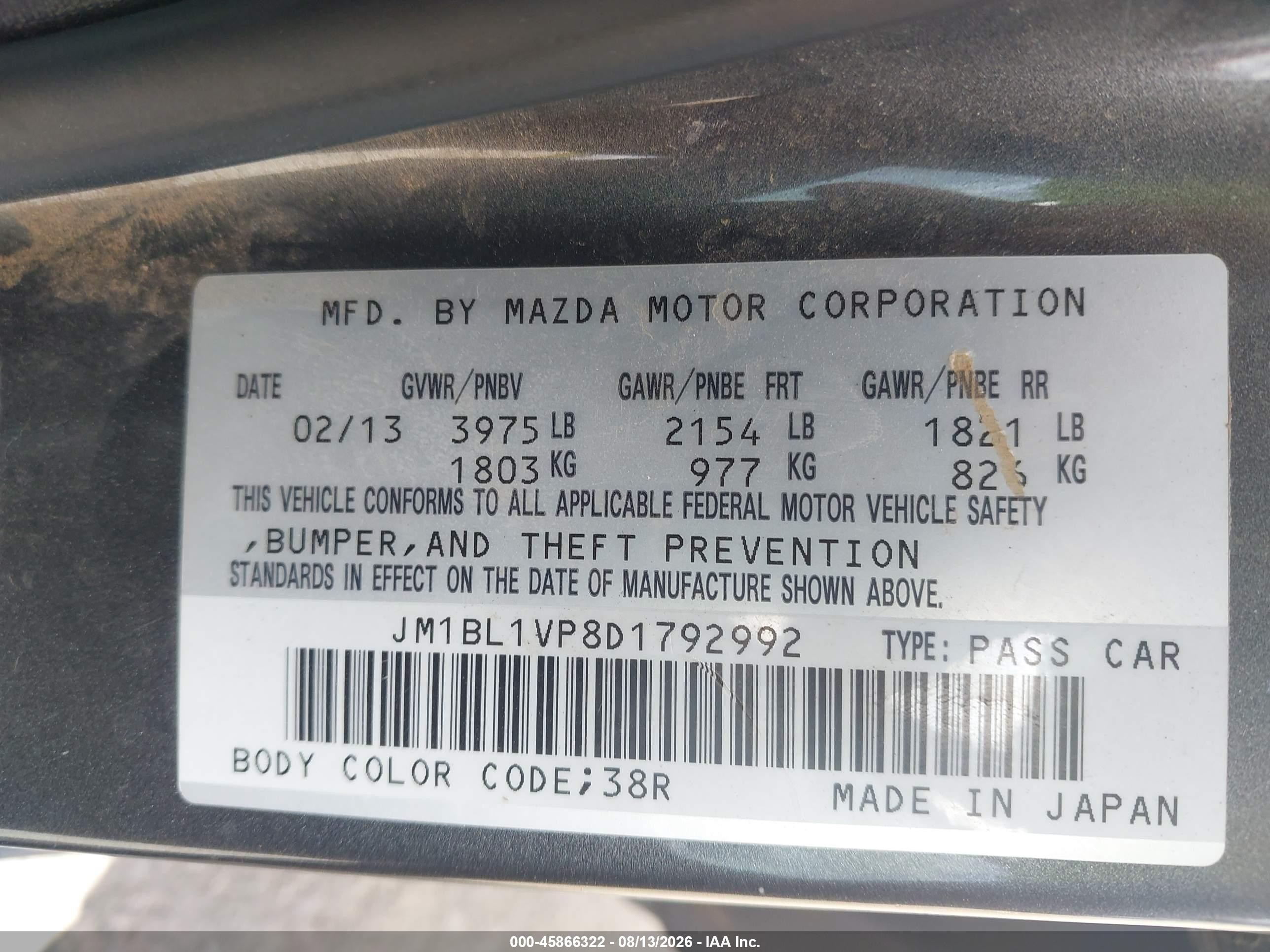 2013 Mazda 3 VIN JM1BL1VP8D1792992 IAAI salvage auction — Side, Salvage (Arizona), sold $750 on 2026-10-11 (photo 9)