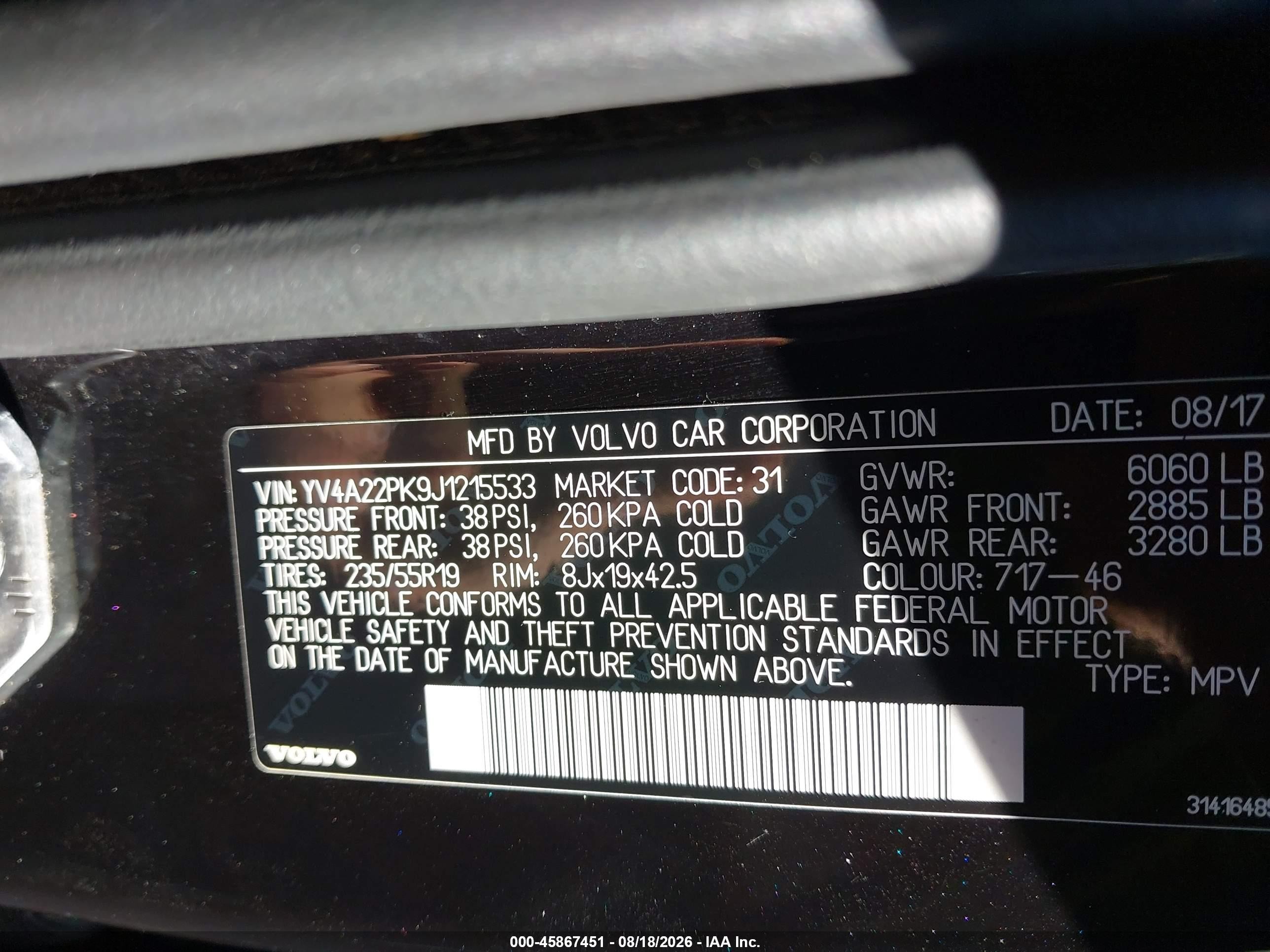 2018 Volvo XC90 VIN YV4A22PK9J1215533 IAAI salvage auction — Front End, Salvage (Pennsylvania), sold $5,100 on 2026-09-24 (photo 9)