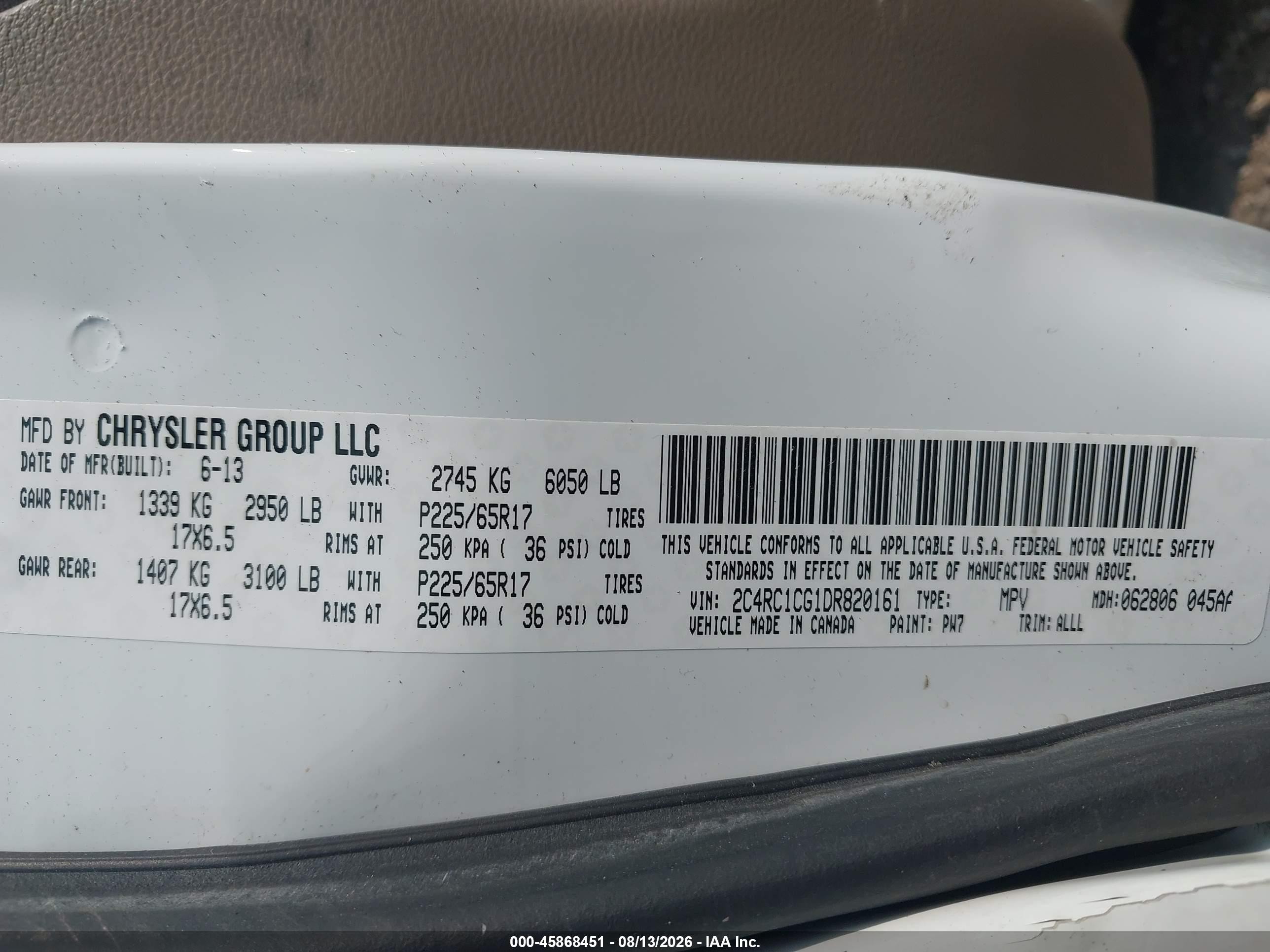 2013 Chrysler Town & Country VIN 2C4RC1CG1DR820161 IAAI salvage auction — Front End, Salvage (Pennsylvania), sold $325 on 2026-09-13 (photo 9)