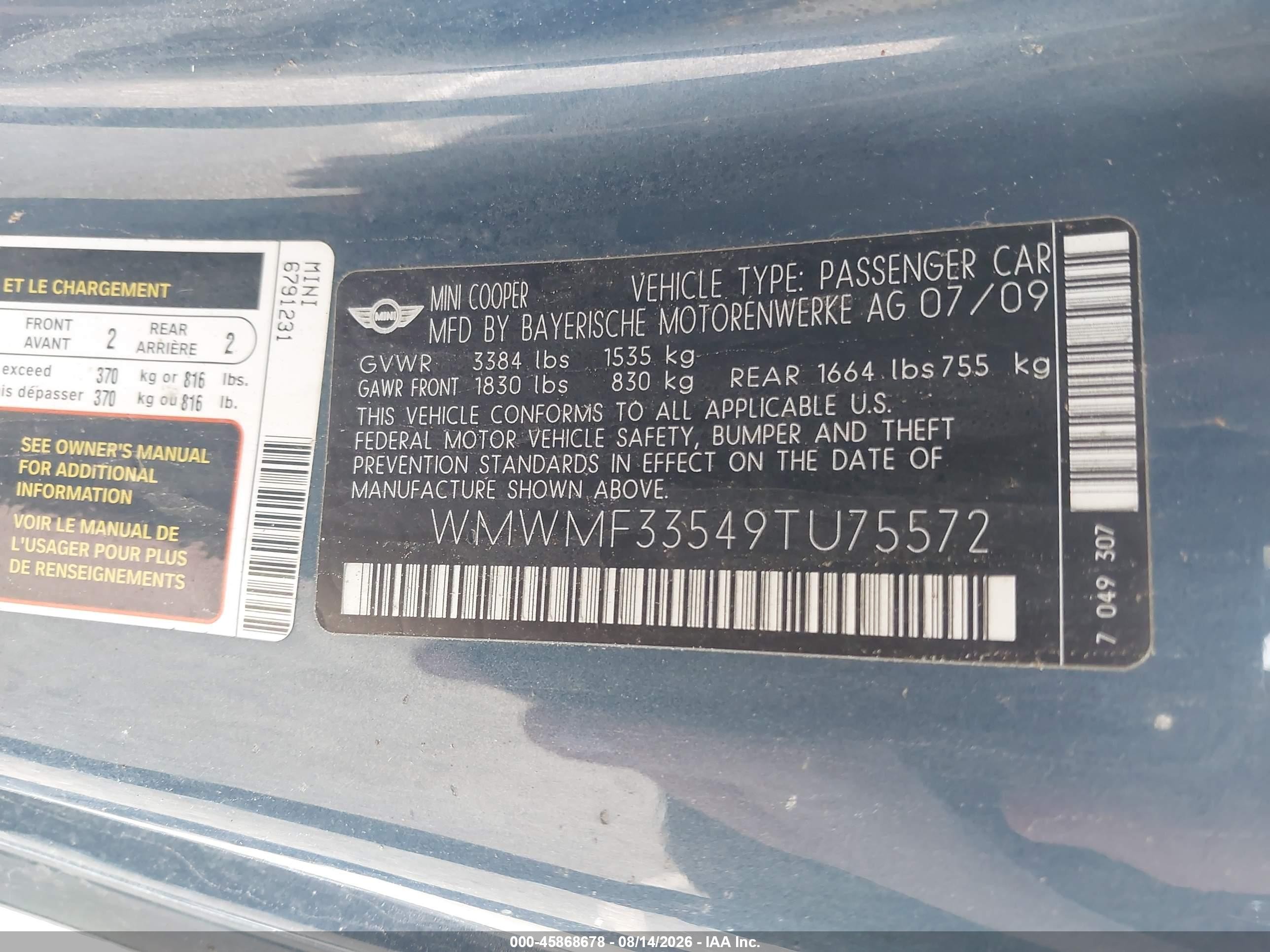 2009 Mini Cooper VIN WMWMF33549TU75572 IAAI salvage auction — Normal Wear, Clear (New York), sold $1,500 on 2026-09-12 (photo 9)