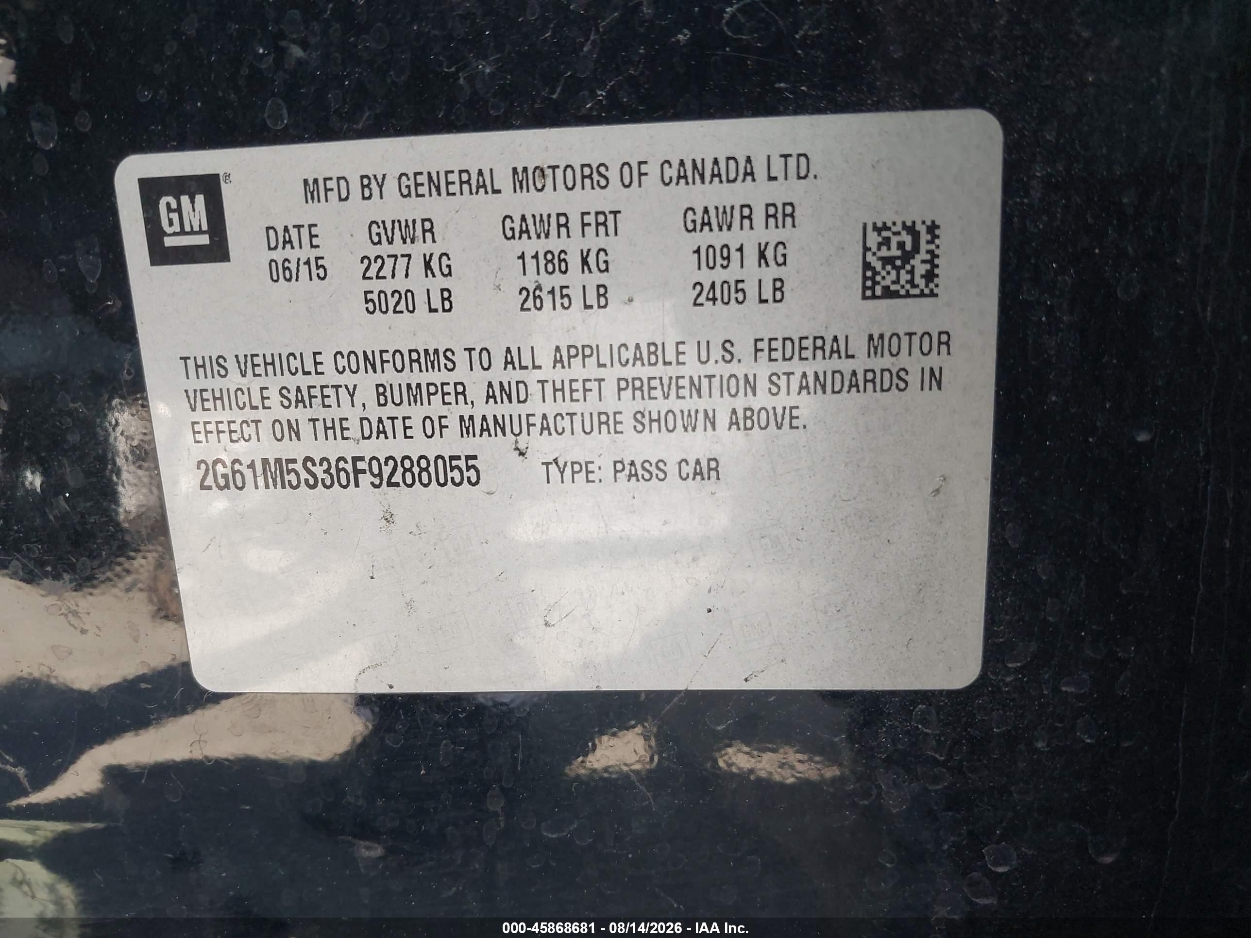 2015 Cadillac XTS VIN 2G61M5S36F9288055 IAAI salvage auction — Unknown, Salvage Certificate (California), sold $1,350 on 2026-09-18 (photo 9)