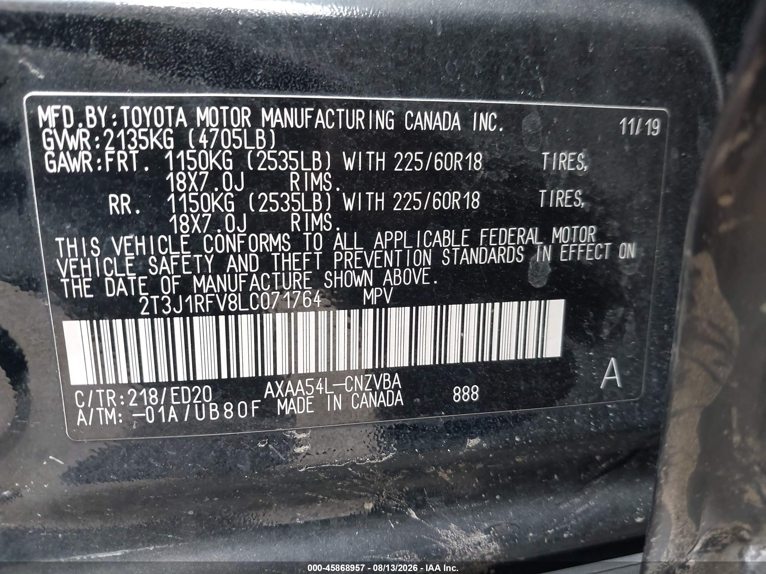 2020 Toyota Rav 4 VIN 2T3J1RFV8LC071764 IAAI salvage auction — Unknown, Salvage Certificate (California), sold $8,500 on 2026-09-12 (photo 9)