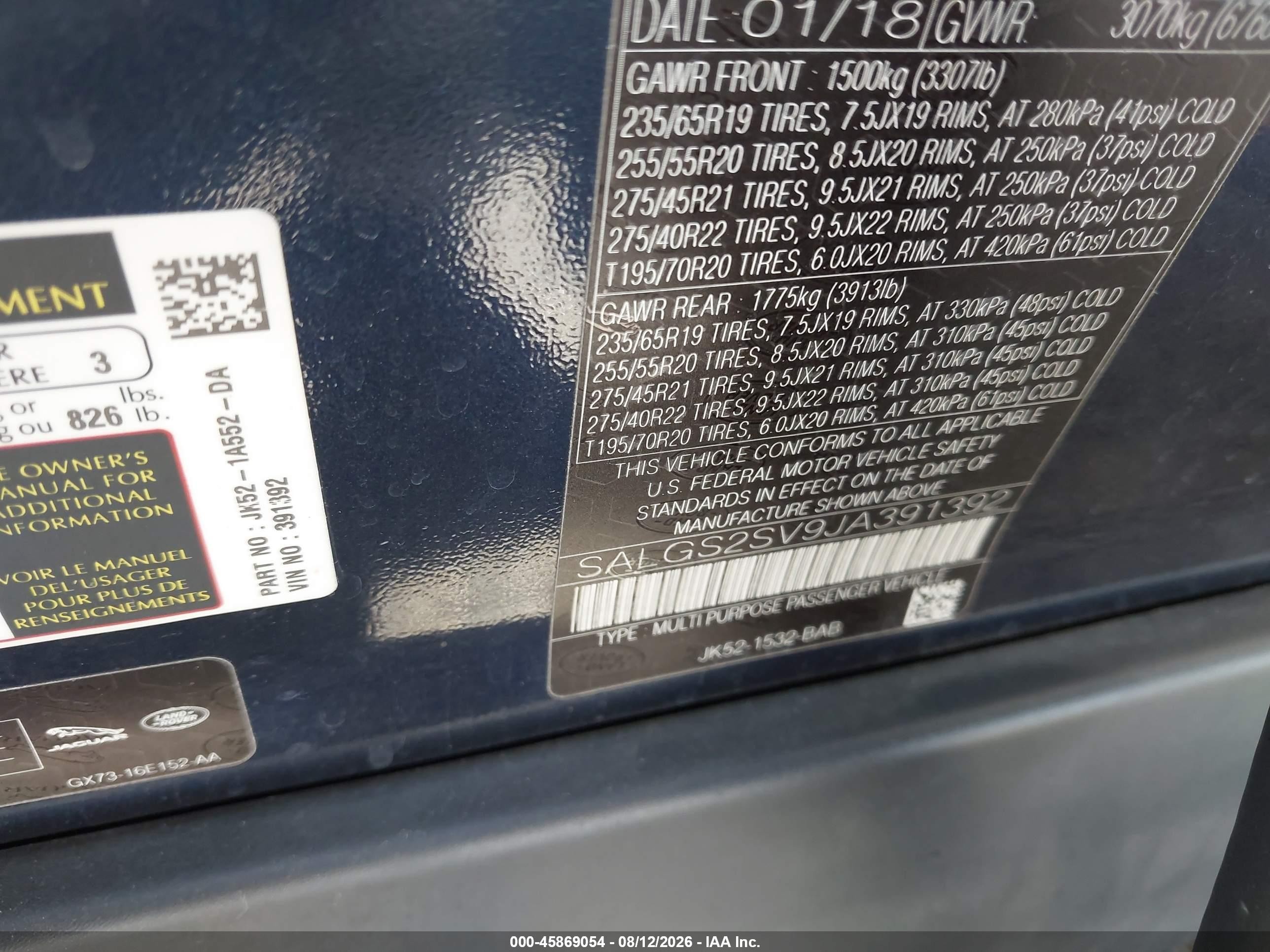2018 Land Rover Range Rover VIN SALGS2SV9JA391392 IAAI salvage auction — Front End, Salvage (California), sold $6,400 on 2026-09-24 (photo 9)
