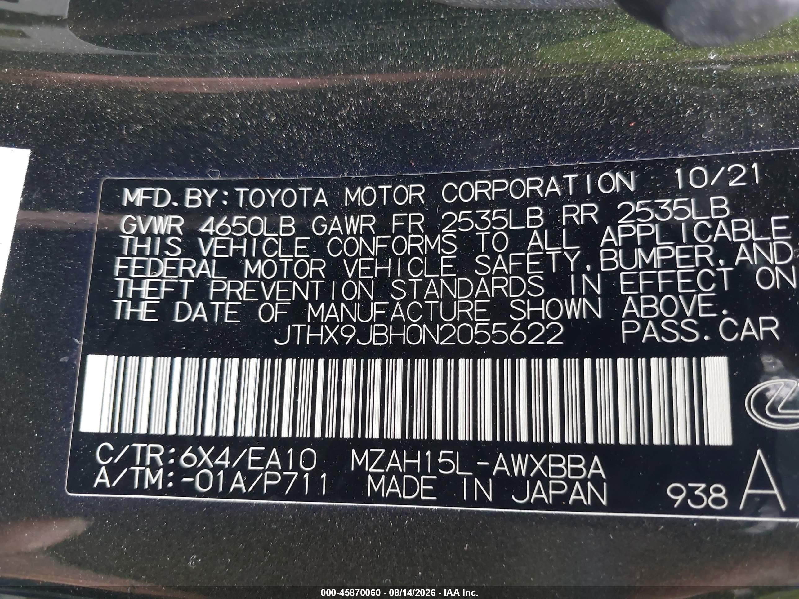 2022 Lexus Ux VIN JTHX9JBH0N2055622 IAAI salvage auction — Front End, Salvage Certificate (California), sold $4,750 on 2026-09-12 (photo 9)