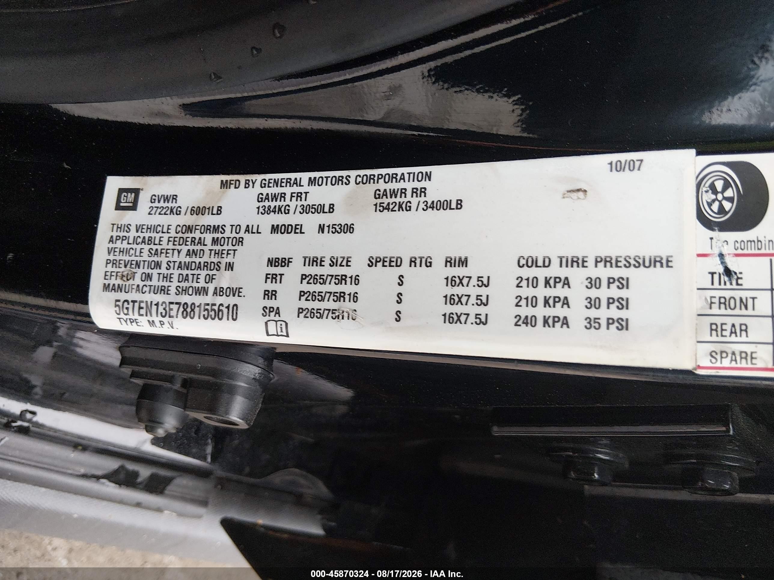 2008 Hummer H3 VIN 5GTEN13E788155610 IAAI salvage auction — Normal Wear, Original (New Hampshire), sold $400 on 2026-08-26 (photo 9)