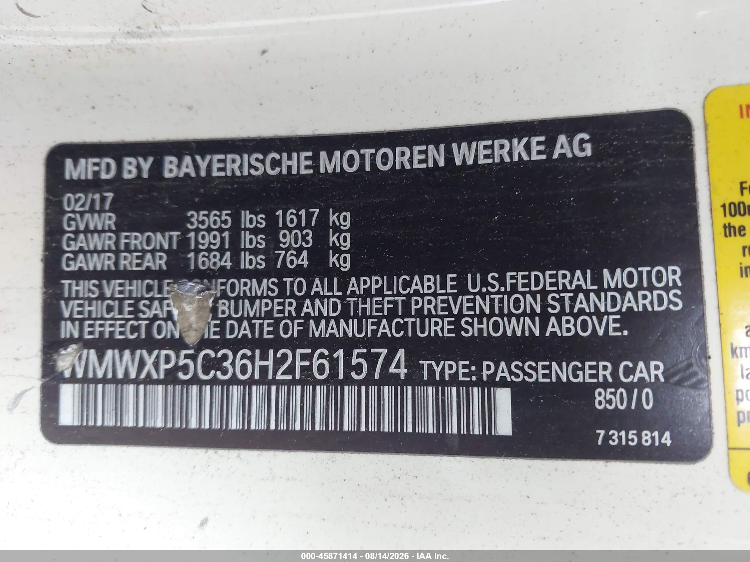 2017 Mini Hardtop VIN WMWXP5C36H2F61574 IAAI salvage auction — Rear End, Mv-907A (New York), sold $1,500 on 2026-09-11 (photo 9)