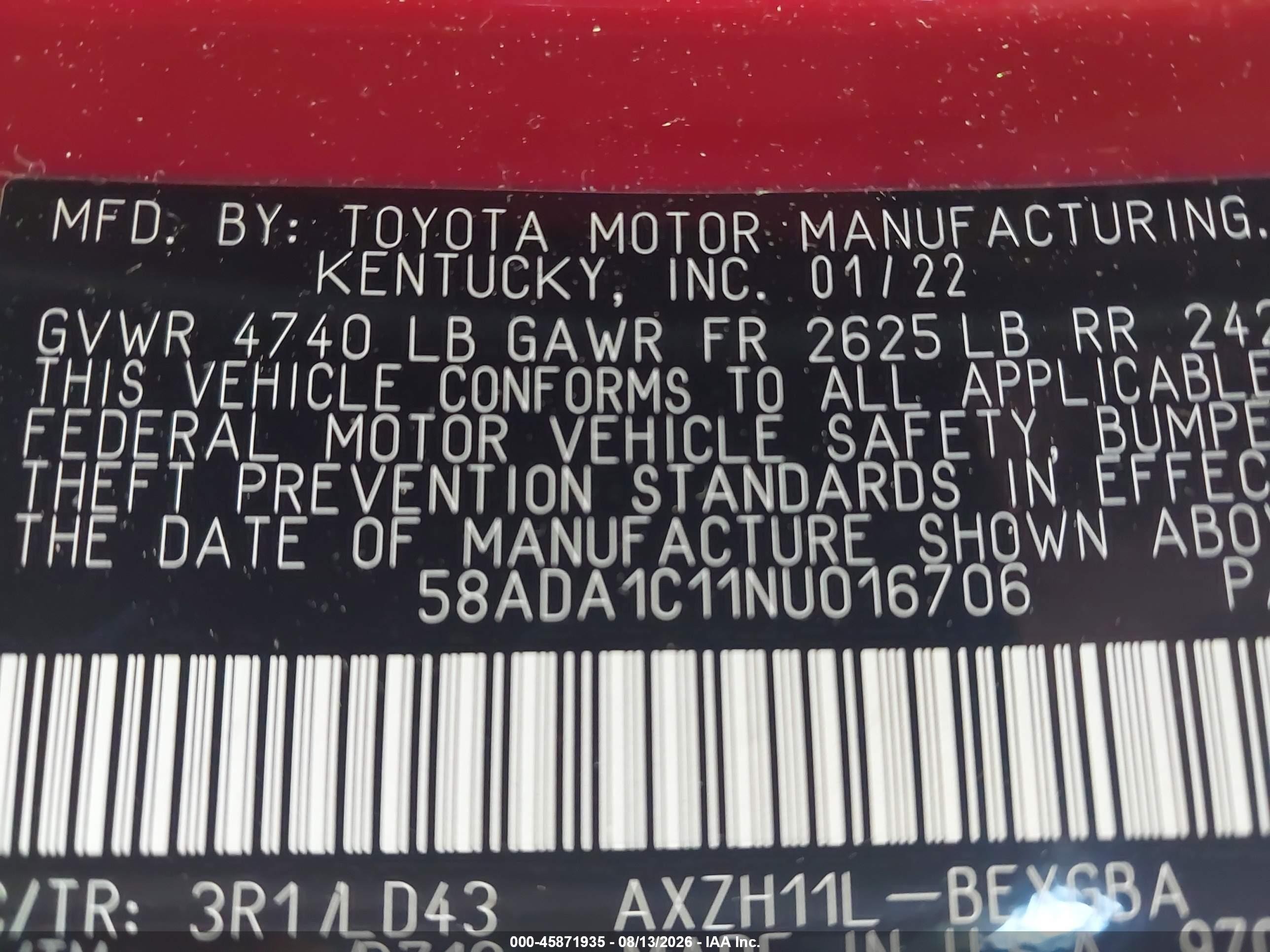 2022 Lexus ES 300h VIN 58ADA1C11NU016706 IAAI salvage auction — Front End, Salvage (Virginia), sold $7,200 on 2026-09-12 (photo 9)