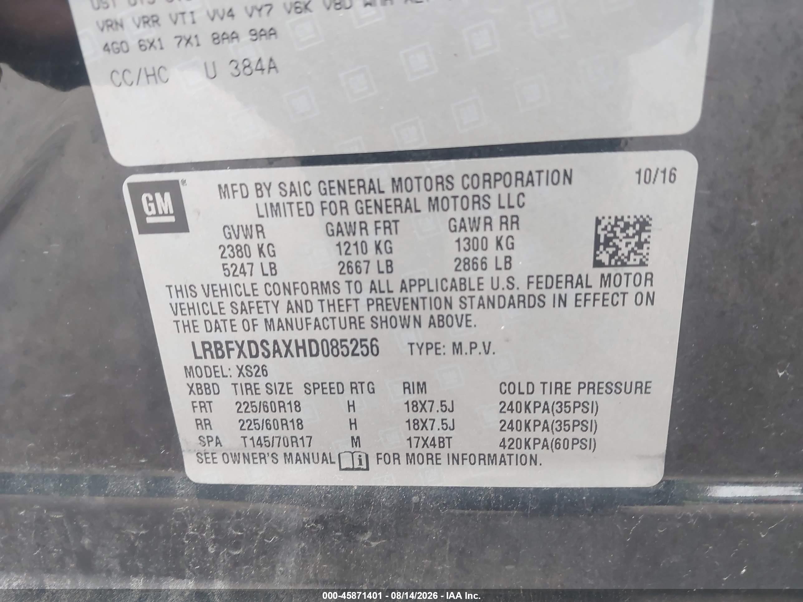 2017 Buick Envision VIN LRBFXDSAXHD085256 IAAI salvage auction — Front & Rear, Salvage (Ohio), sold $1,200 on 2026-09-28 (photo 9)