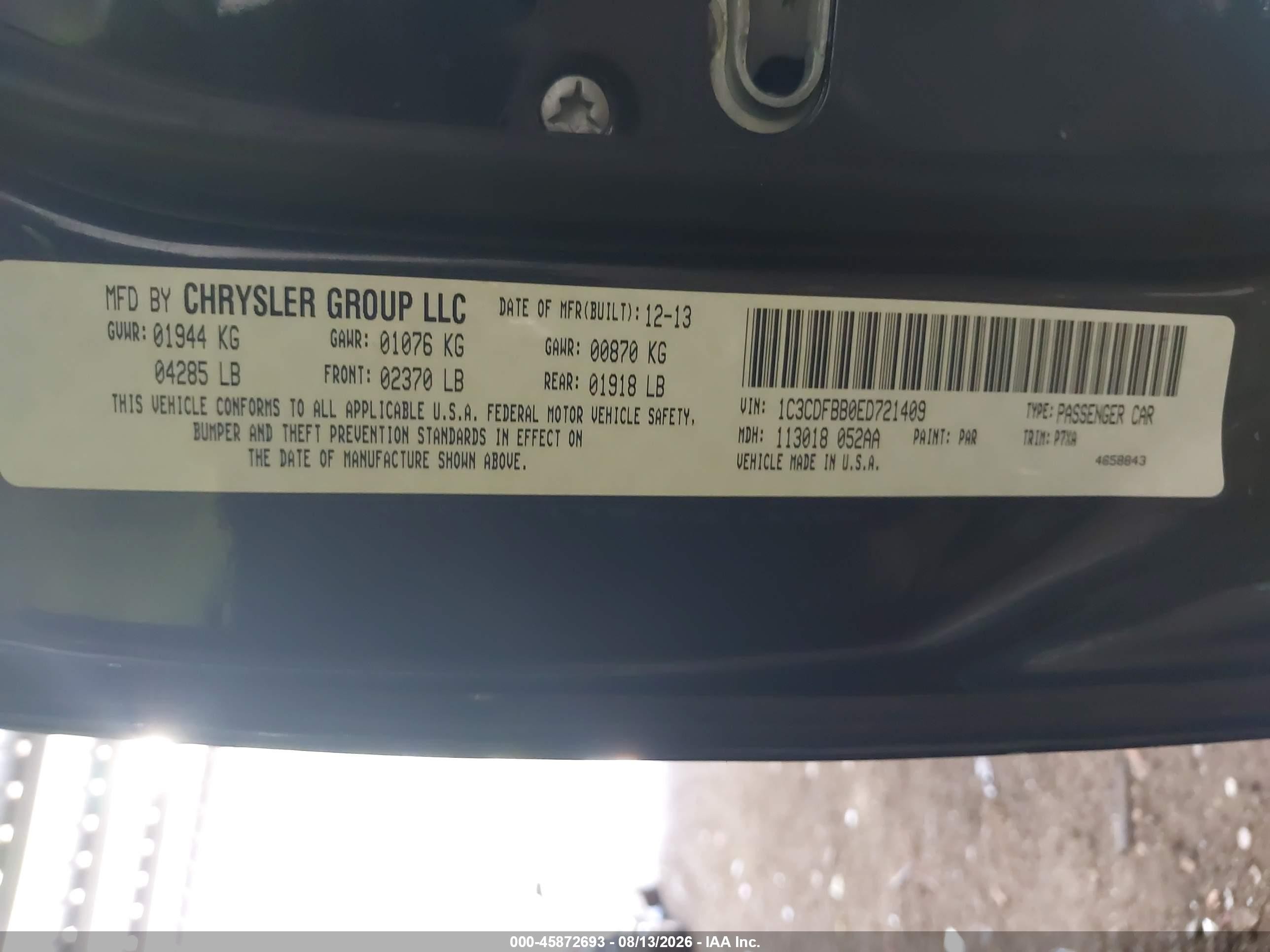 2014 Dodge Dart VIN 1C3CDFBB0ED721409 IAAI salvage auction — Rear End, Salvage (Virginia), sold $475 on 2026-09-03 (photo 9)