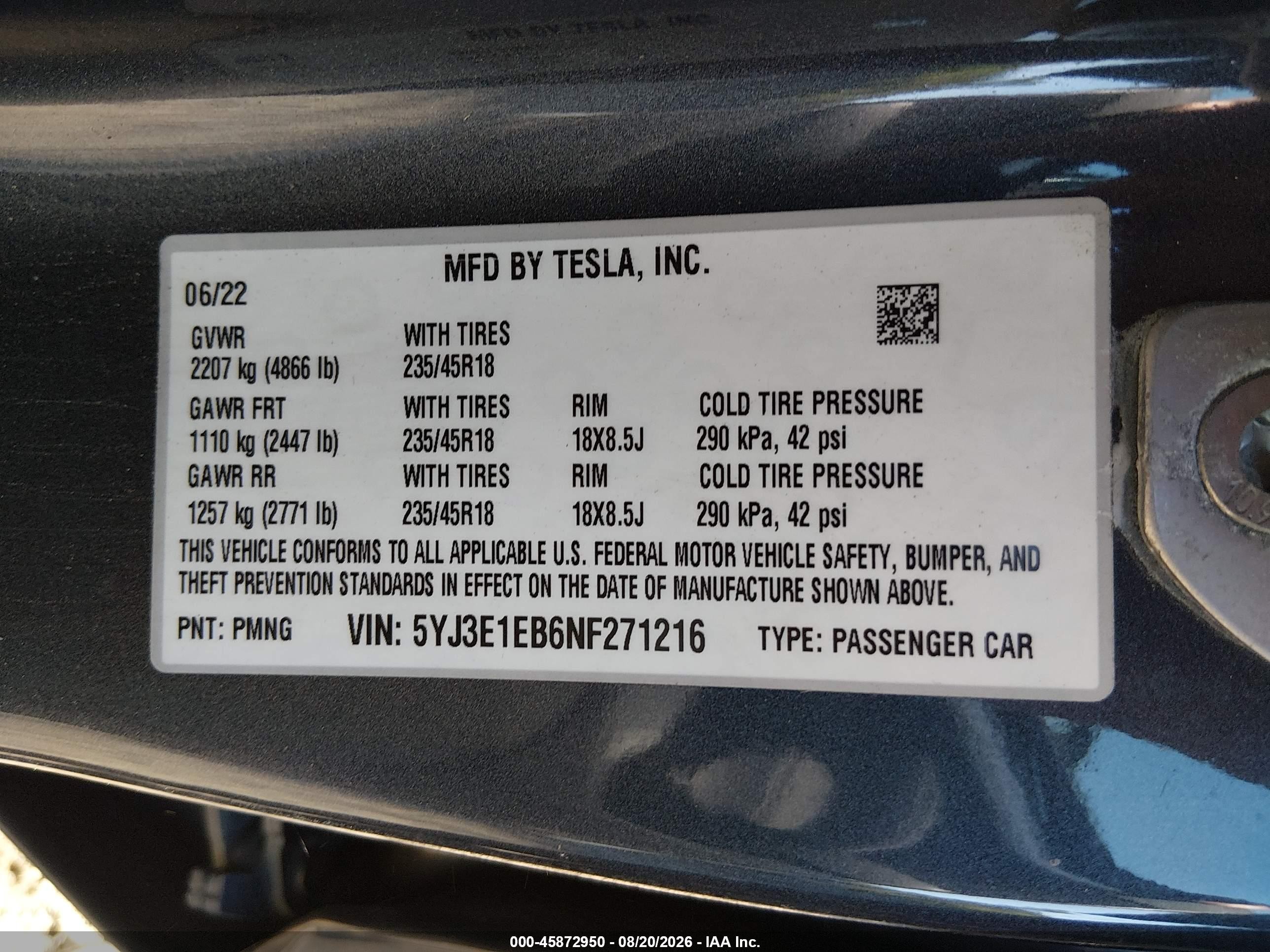 2022 Tesla Model 3 VIN 5YJ3E1EB6NF271216 IAAI salvage auction — Front End, Salvage (Idaho), sold $8,800 on 2026-10-05 (photo 9)