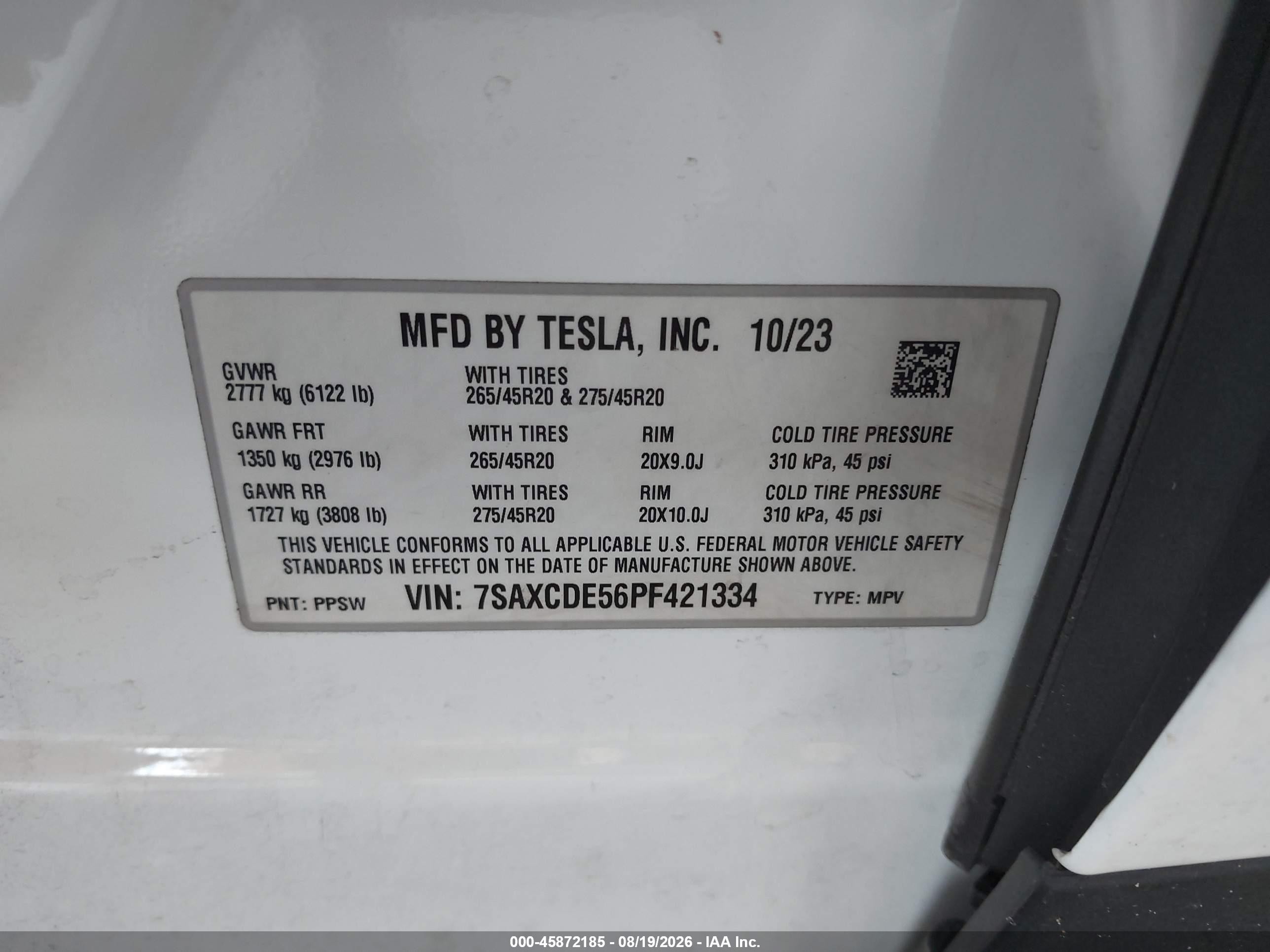 2023 Tesla Model x VIN 7SAXCDE56PF421334 IAAI salvage auction — Front End, Rebuildable (Florida), sold $18,200 on 2026-09-23 (photo 9)
