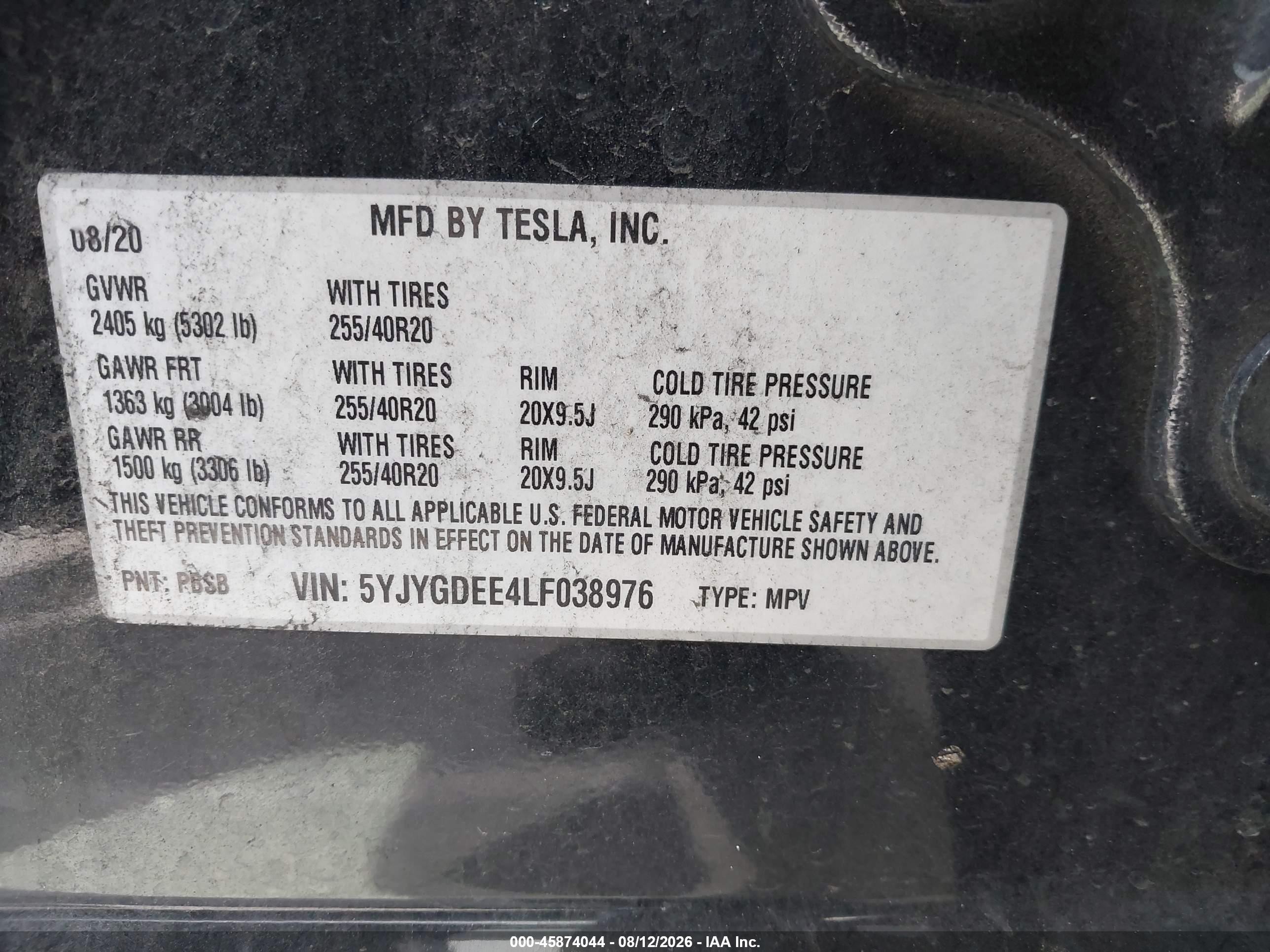 2020 Tesla Model Y VIN 5YJYGDEE4LF038976 IAAI salvage auction — Side, Salvage Certificate (California), sold $8,500 on 2026-09-12 (photo 9)
