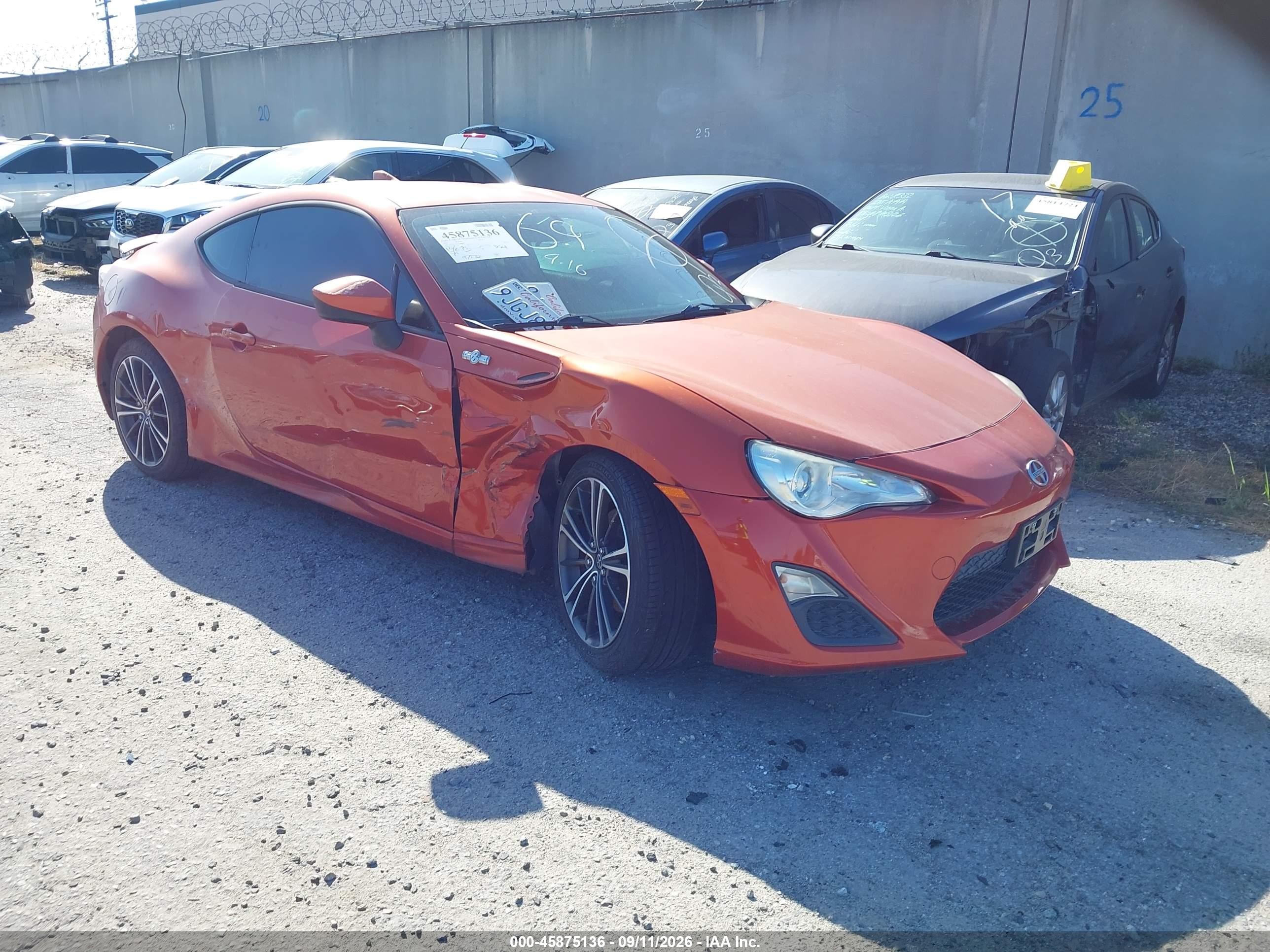 2015 Scion FR-S VIN JF1ZNAA19F8706079 IAAI salvage auction — Side, Salvage Certificate (California), sold $1,700 on 2026-09-13 (photo 1)