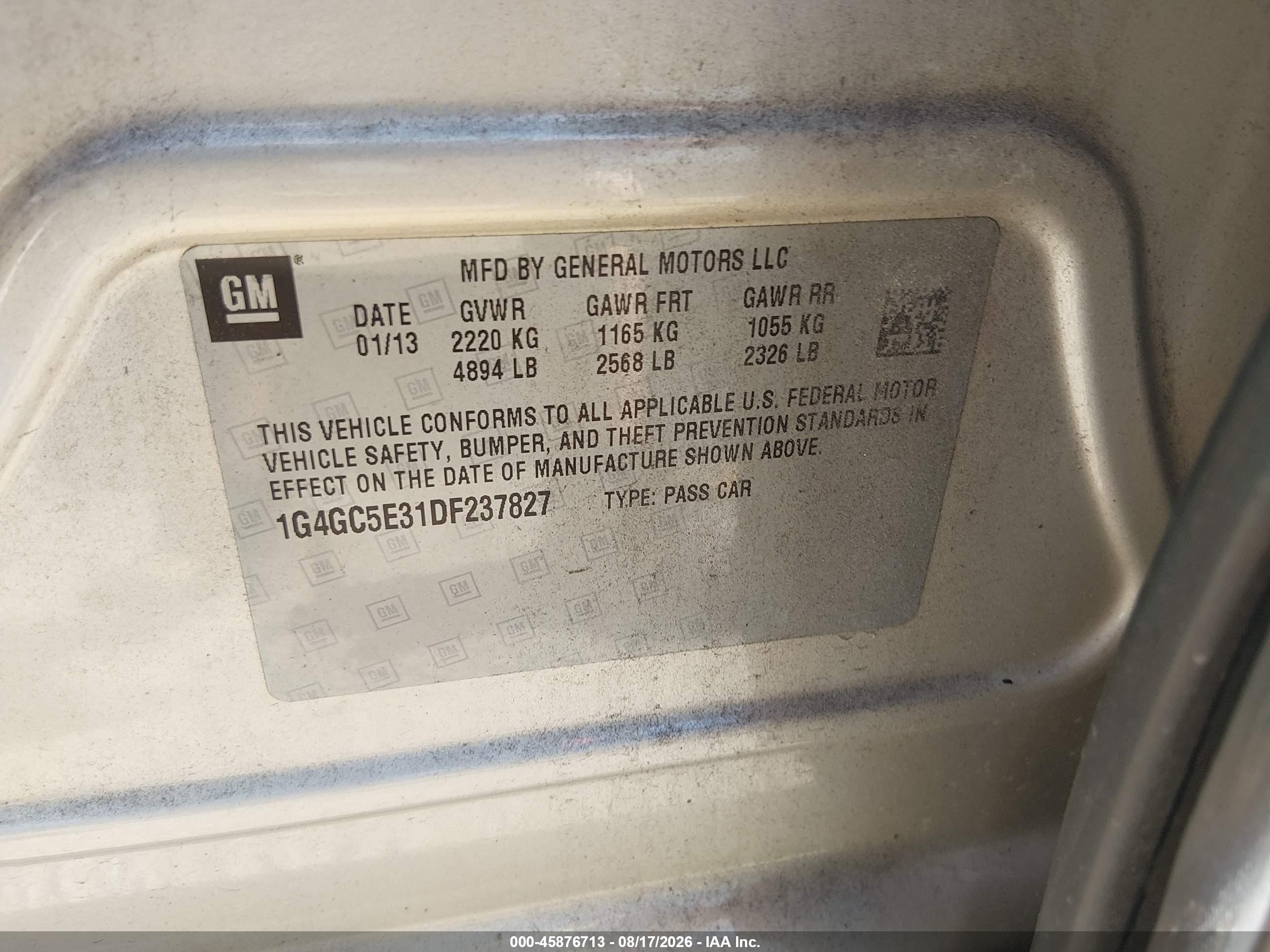 2013 Buick LaCrosse VIN 1G4GC5E31DF237827 IAAI salvage auction — Rear End, Salvage (Louisiana), sold $1,050 on 2026-09-23 (photo 9)