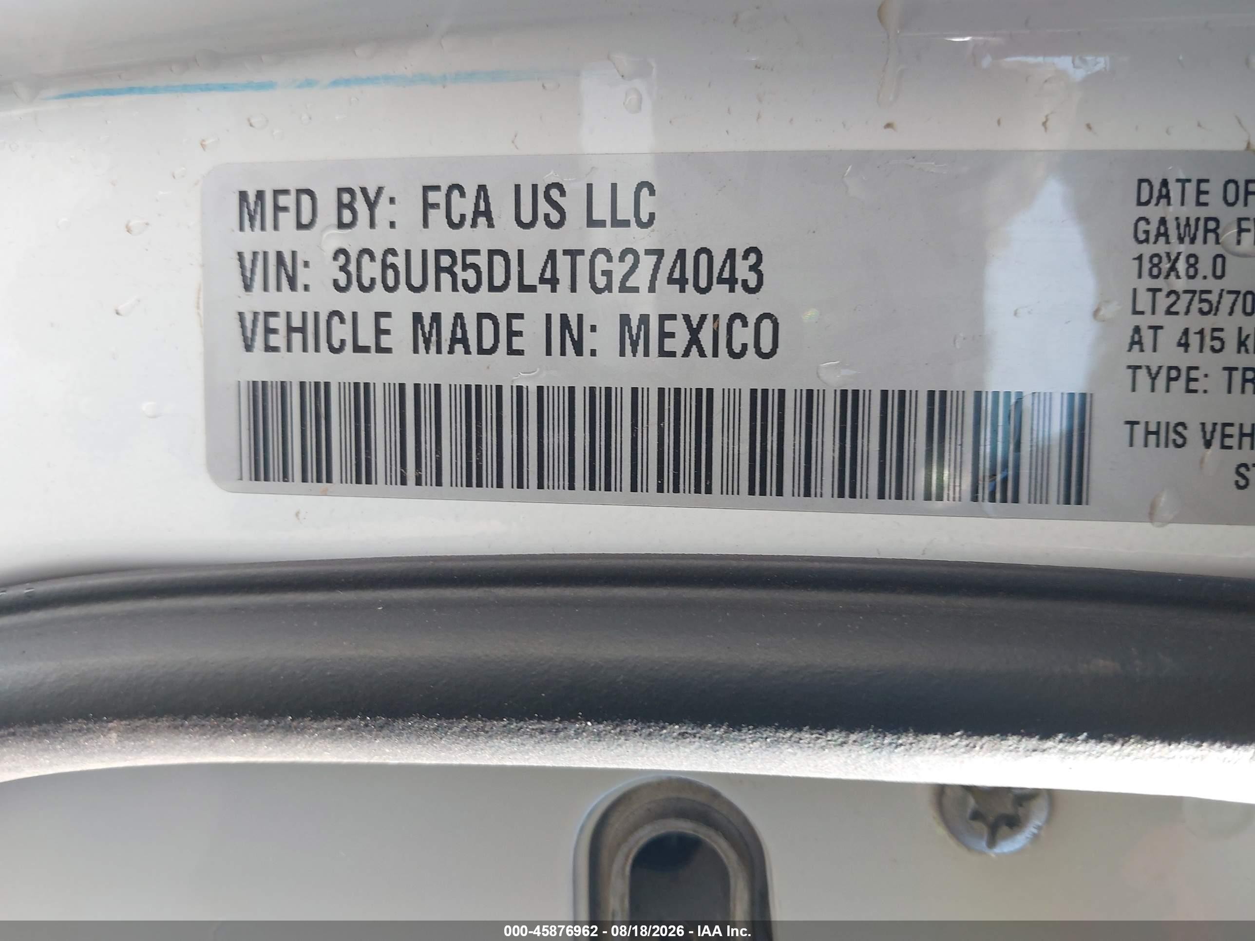 2026 Ram 2500 VIN 3C6UR5DL4TG274043 IAAI salvage auction — Rear End, Enterprise Vehicles Salvage Only (Florida), sold $27,250 on 2026-08-21 (photo 9)