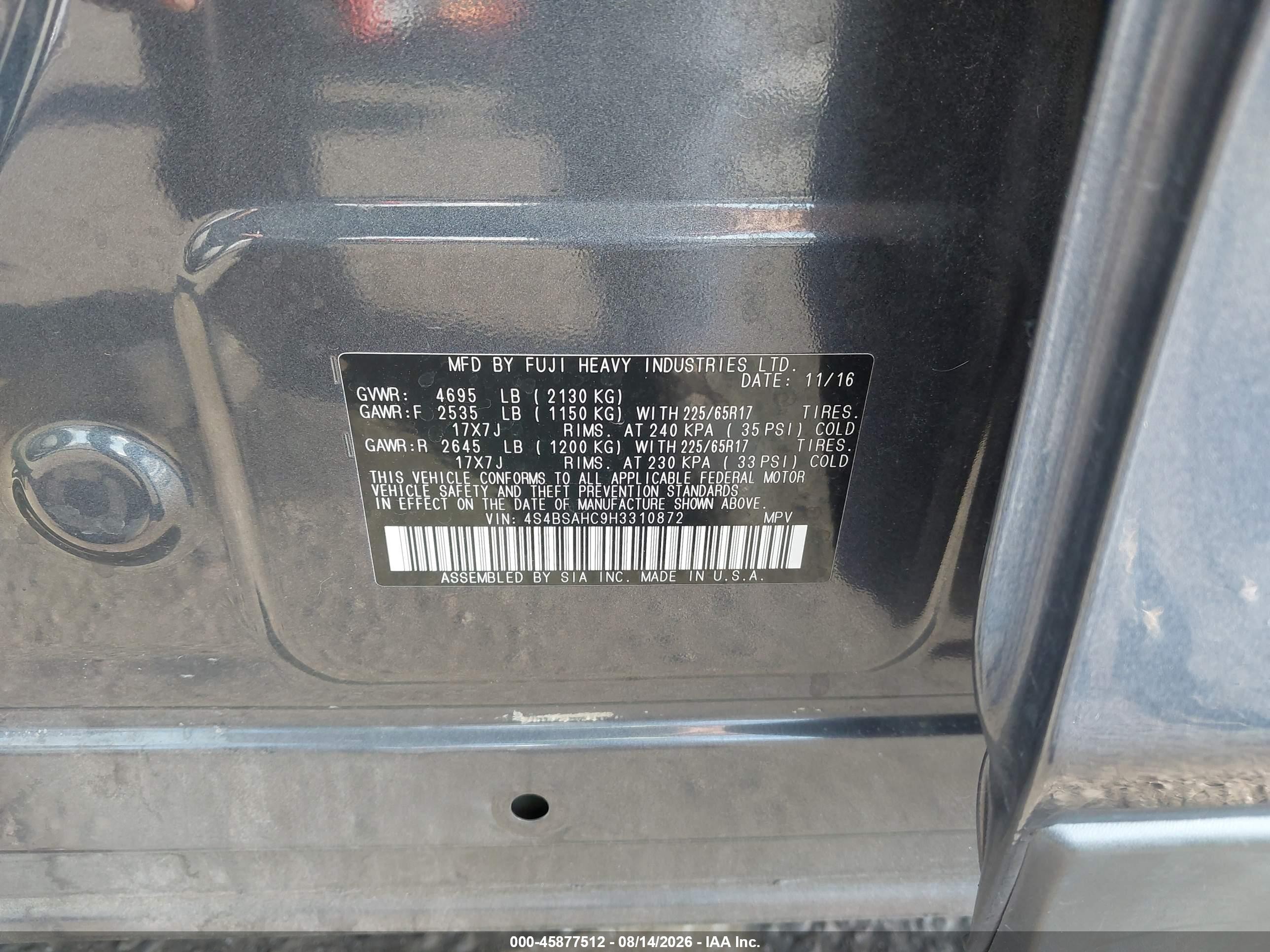 2017 Subaru Outback VIN 4S4BSAHC9H3310872 IAAI salvage auction — Front & Rear, Salvage Certificate (California), sold $3,000 on 2026-09-14 (photo 9)