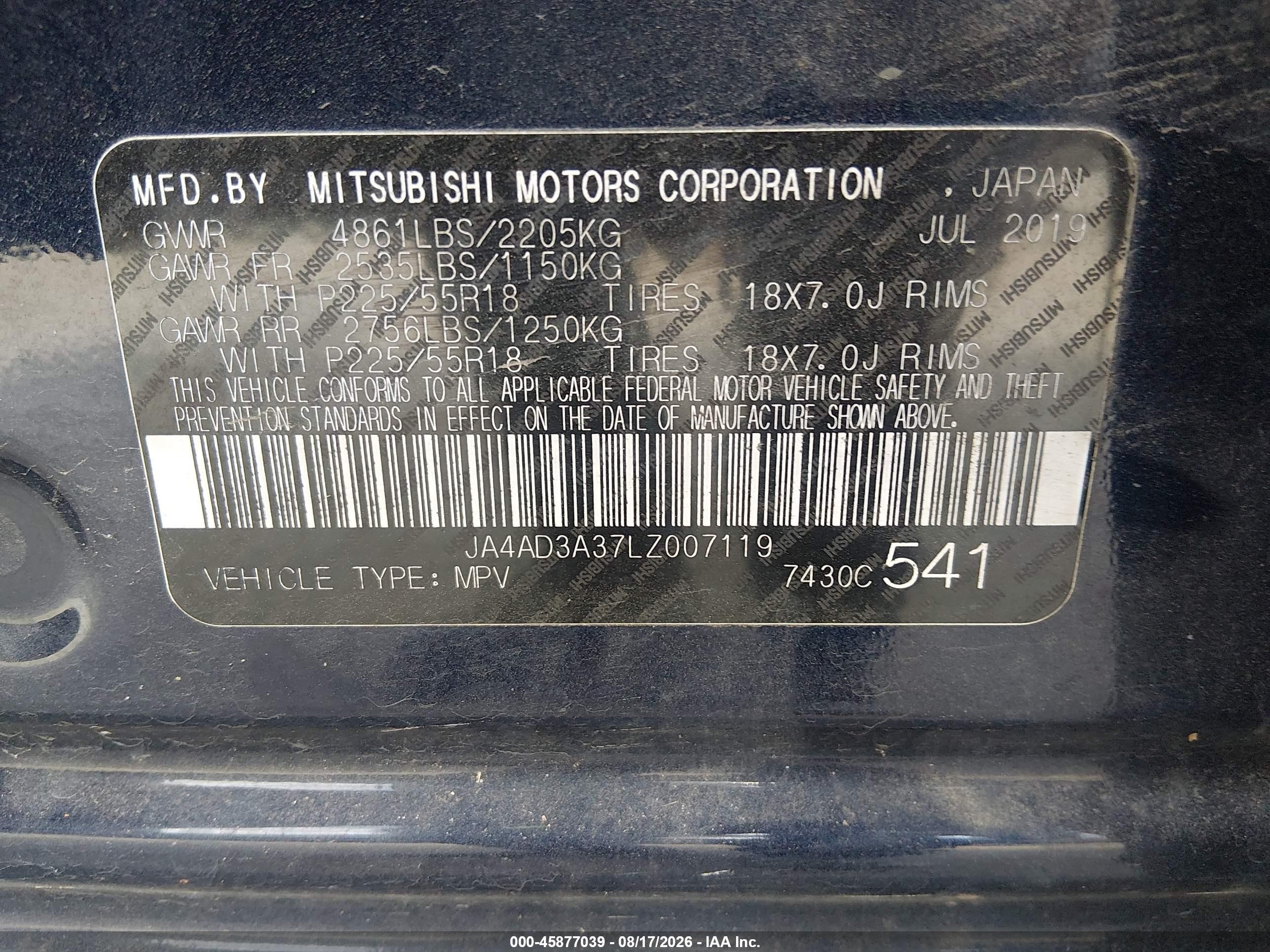 2020 Mitsubishi Outlander VIN JA4AD3A37LZ007119 IAAI salvage auction — Side, Salvage (Arkansas), sold $3,150 on 2026-09-09 (photo 9)
