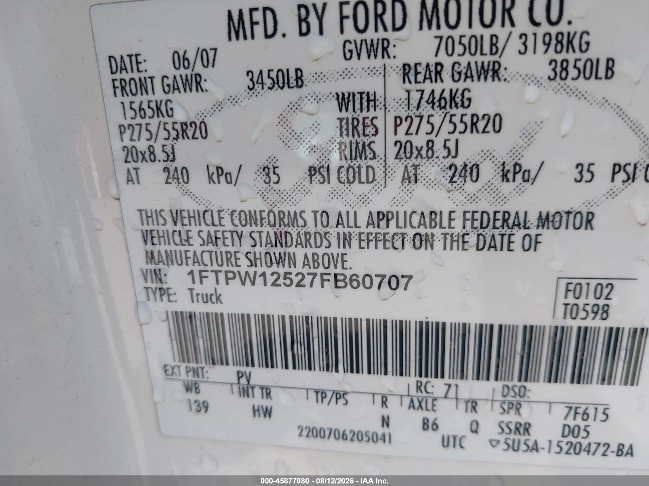 2007 Ford F-150 VIN 1FTPW12527FB60707 IAAI salvage auction — Normal Wear, Clear - Dealer Only (California), sold $1,375 on 2026-09-03 (photo 9)