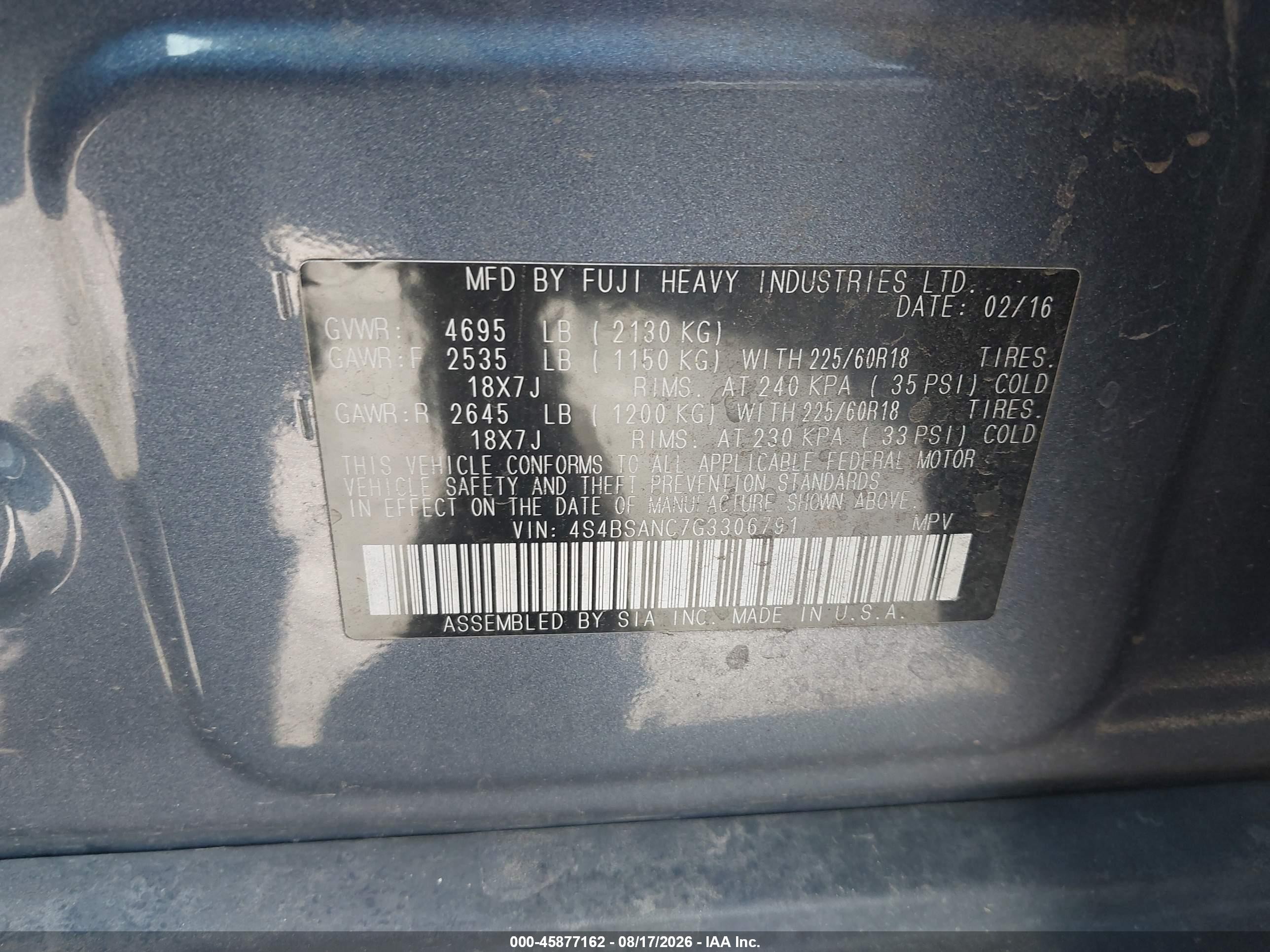 2016 Subaru Outback VIN 4S4BSANC7G3306791 IAAI salvage auction — Front End, Salvage Certificate (California), sold $600 on 2026-09-13 (photo 9)