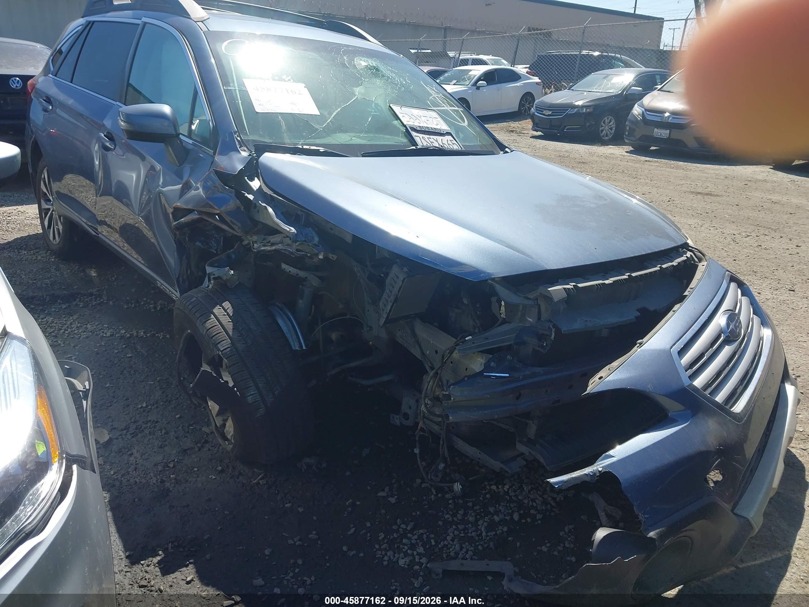 2016 Subaru Outback VIN 4S4BSANC7G3306791 IAAI salvage auction — Front End, Salvage Certificate (California), sold $600 on 2026-09-13 (photo 1)
