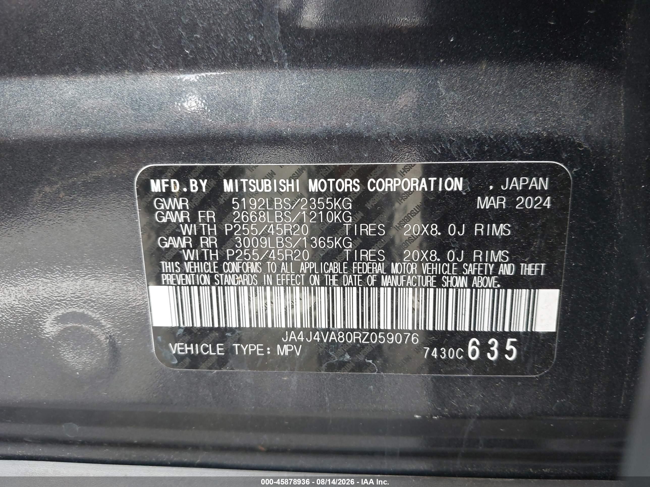 2024 Mitsubishi Outlander VIN JA4J4VA80RZ059076 IAAI salvage auction — Rear End, Salvage (Tennessee), sold $7,700 on 2026-09-24 (photo 9)
