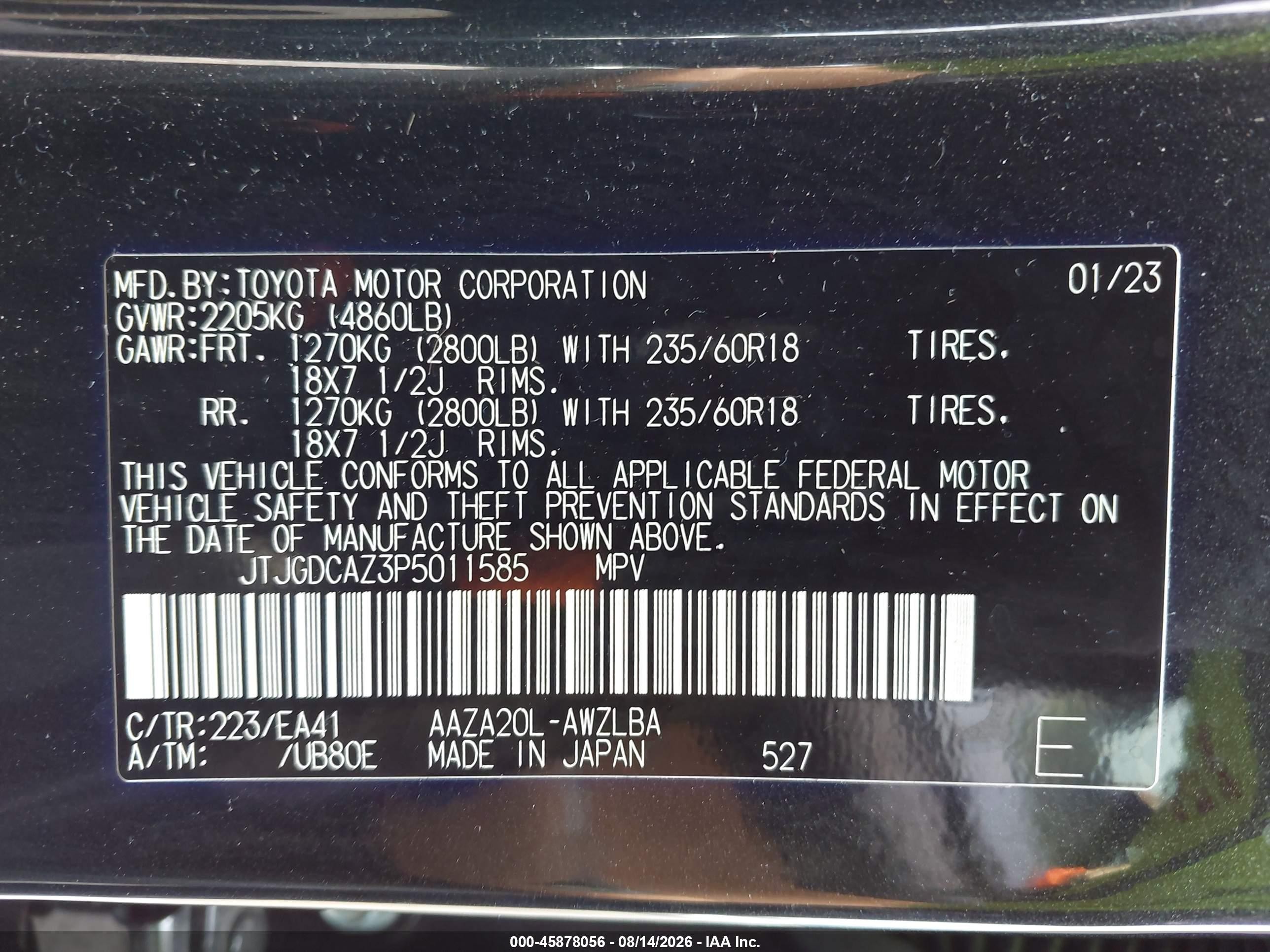 2023 Lexus Nx VIN JTJGDCAZ3P5011585 IAAI salvage auction — Rear End, Wait Title, sold $16,000 on 2026-09-20 (photo 9)