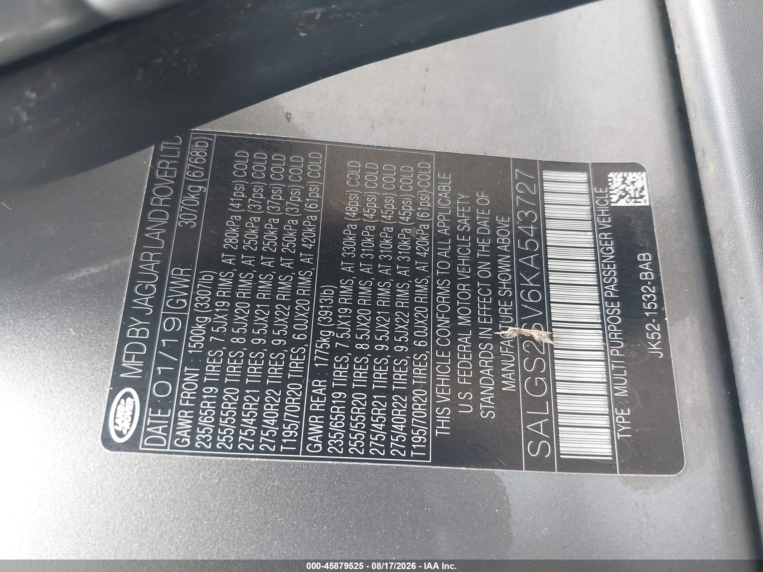 2019 Land rover RANGE ROVER VIN SALGS2SV6KA543727 IAAI salvage auction — Front & Rear, Mv-907A (New York), sold $12,600 on 2026-09-12 (photo 9)